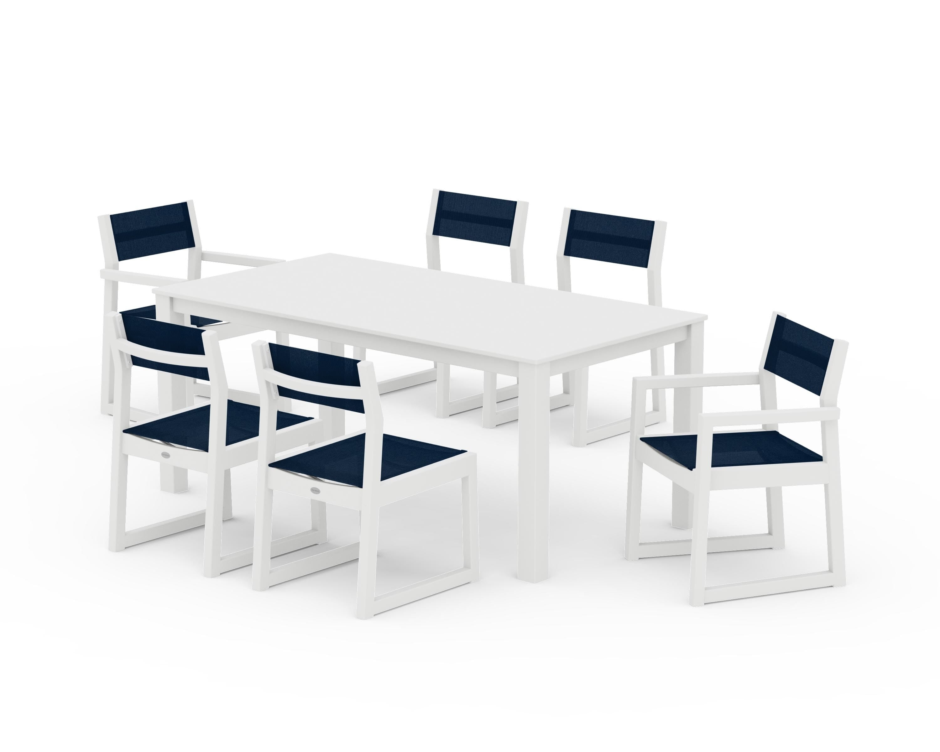 POLYWOOD® EDGE Sling 7-Piece Parsons Dining Set in White / Navy Blue Sling