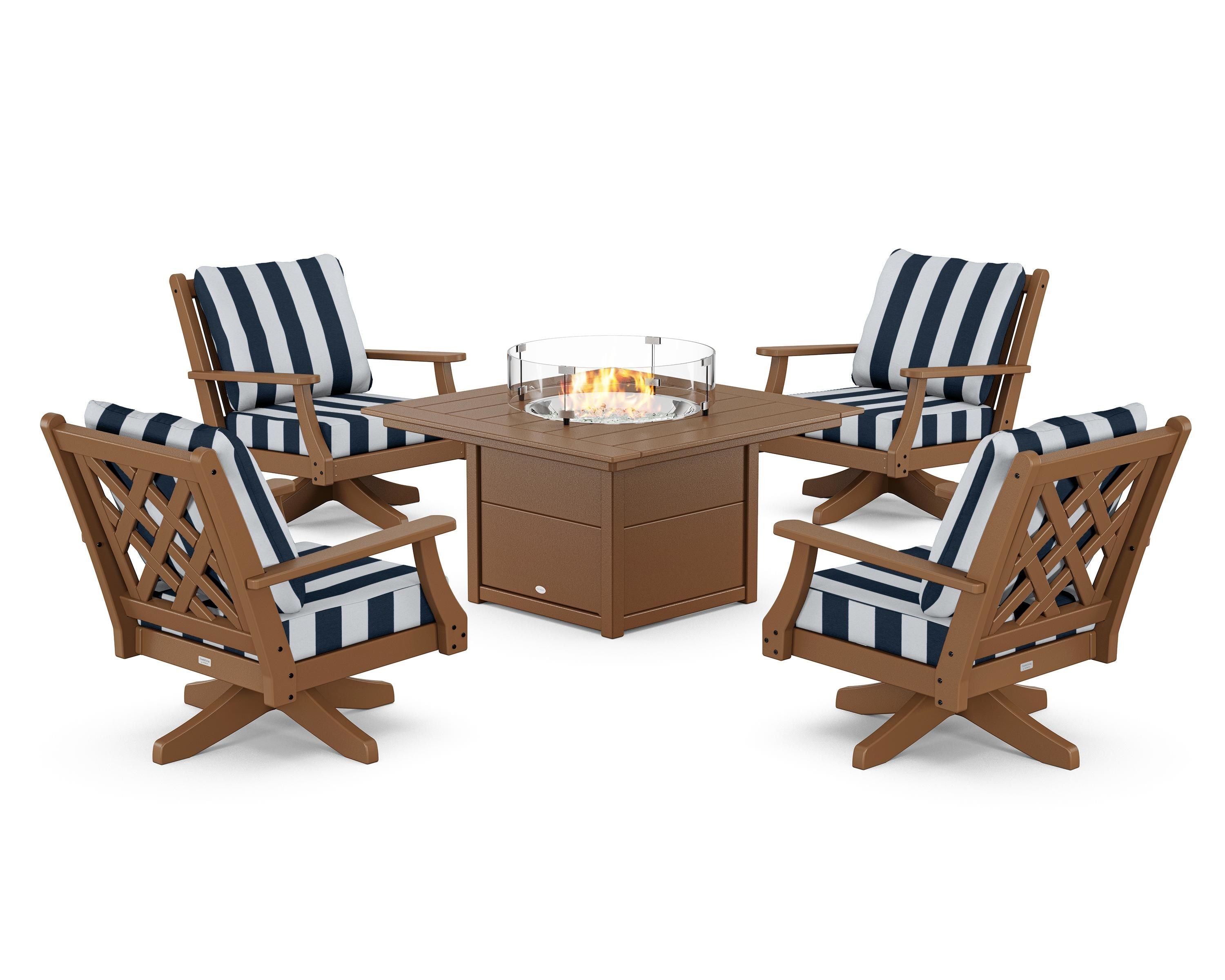 Country Living Wovendale 5-Piece Deep Seating Swivel Conversation Set with Fire Pit Table in Teak / Cabana Stripe Marine Indigo