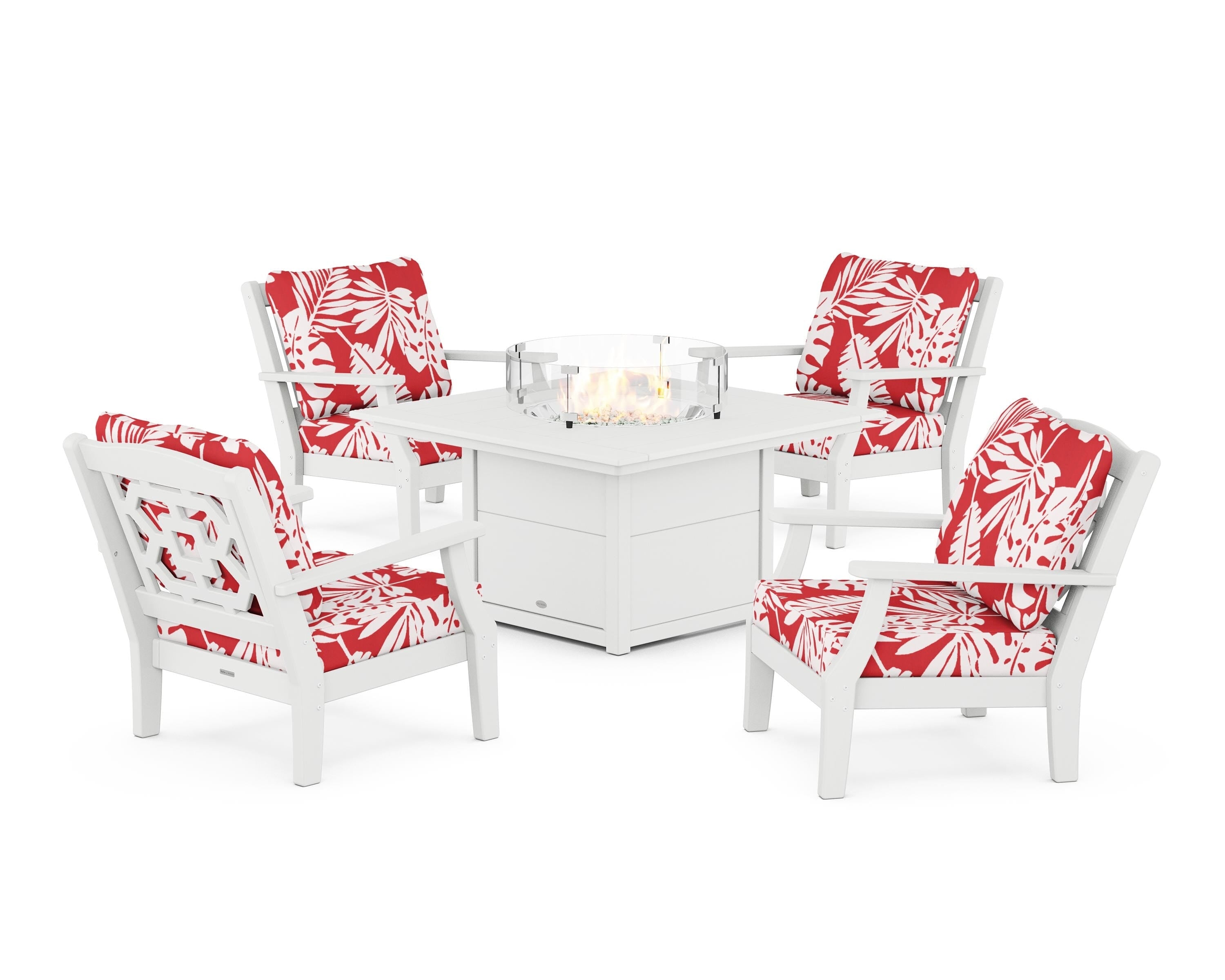 Martha Stewart by POLYWOOD® Chinoiserie 5-Piece Deep Seating Set with Fire Pit Table in White / Leaf Crimson