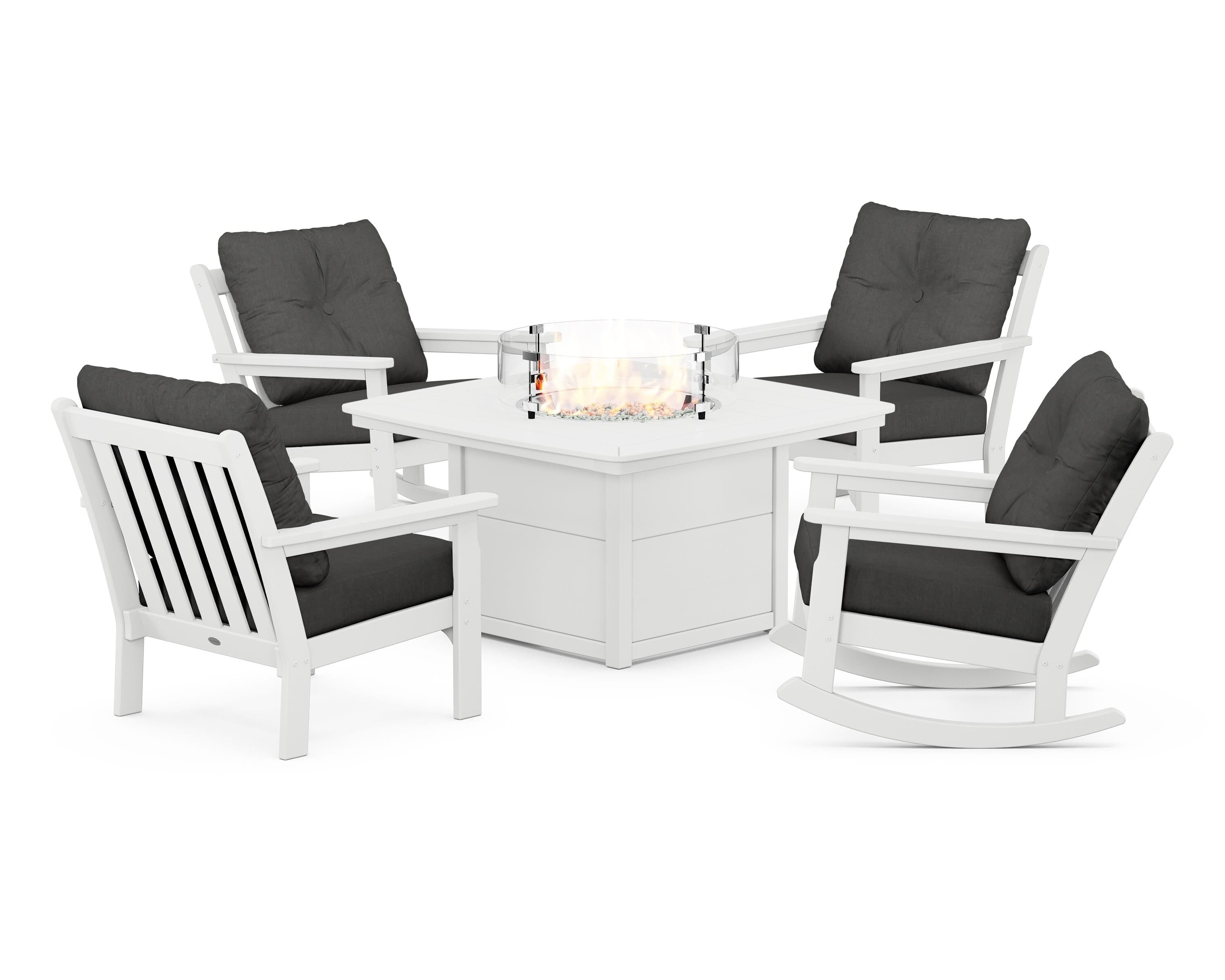 POLYWOOD® Vineyard 5-Piece Deep Seating Rocking Chair Conversation Set with Fire Pit Table in White / Spectrum Carbon