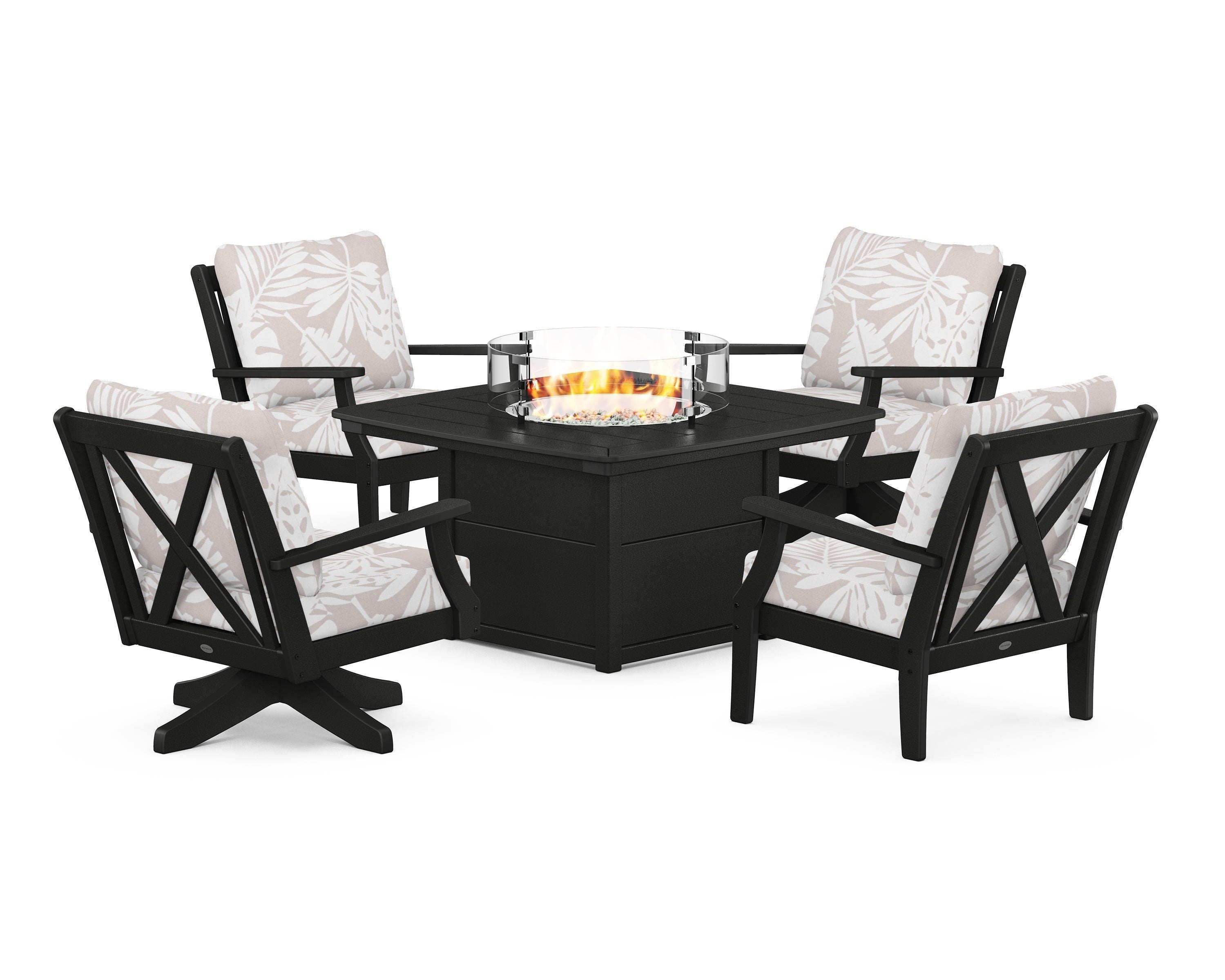 POLYWOOD® Braxton 5-Piece Deep Seating Set with Fire Table in Black / Leaf Dune Burlap