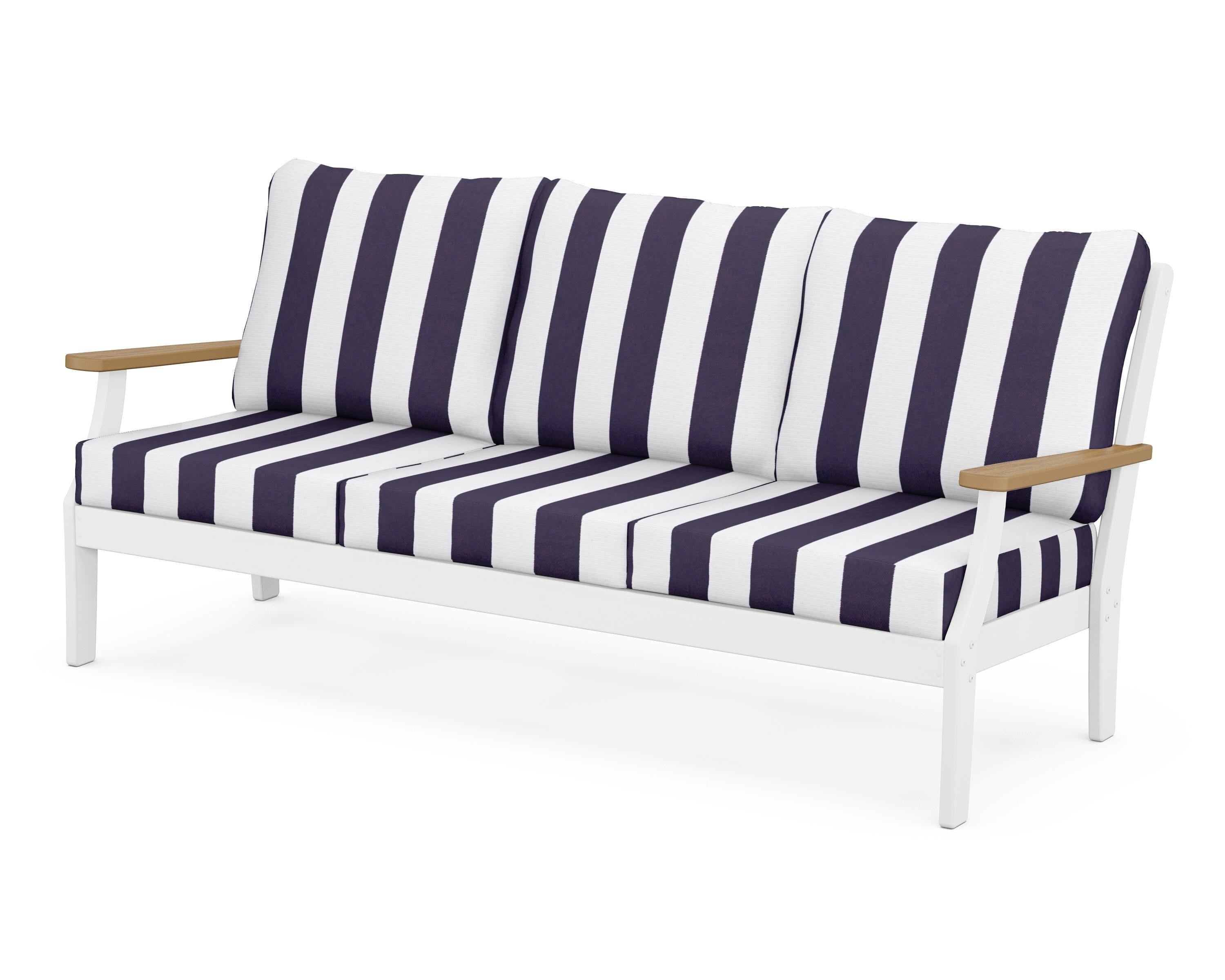 POLYWOOD® Braxton Deep Seating Sofa in White / Natural / Cabana Stripe Navy