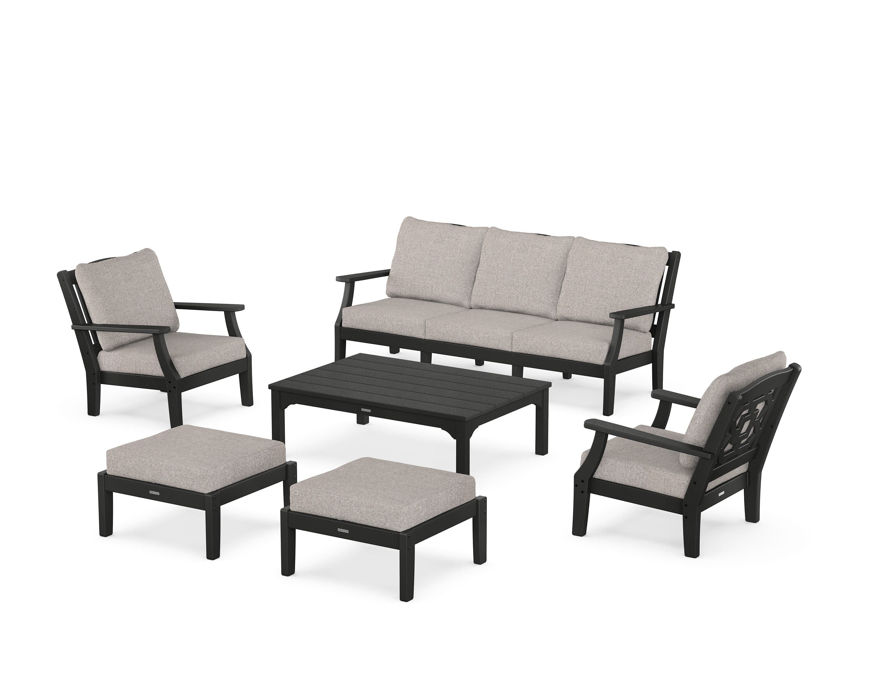 Martha Stewart by POLYWOOD® Chinoiserie 6-Piece Lounge Sofa Set in Black / Weathered Tweed