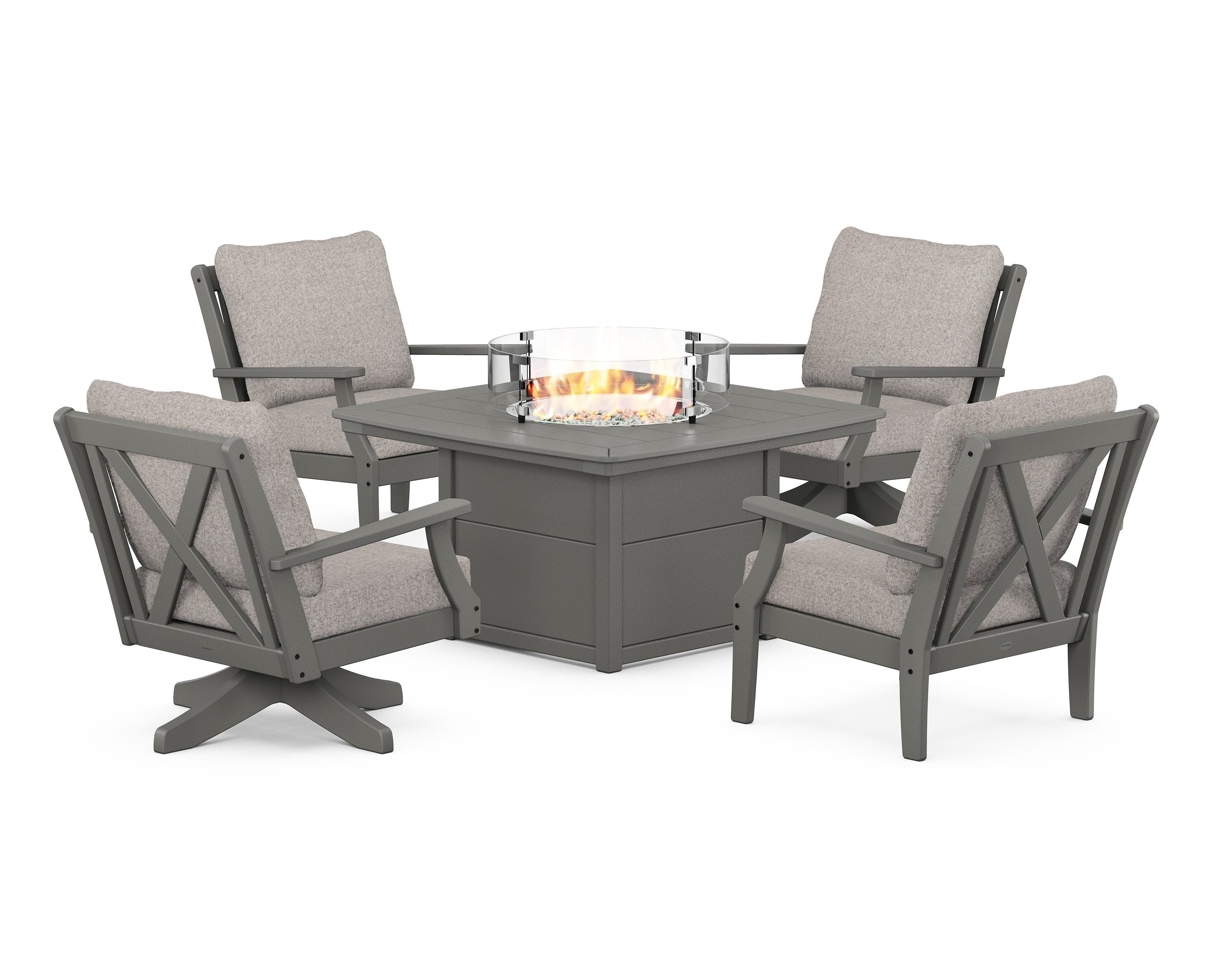 POLYWOOD® Braxton 5-Piece Deep Seating Set with Fire Table in Slate Grey / Weathered Tweed