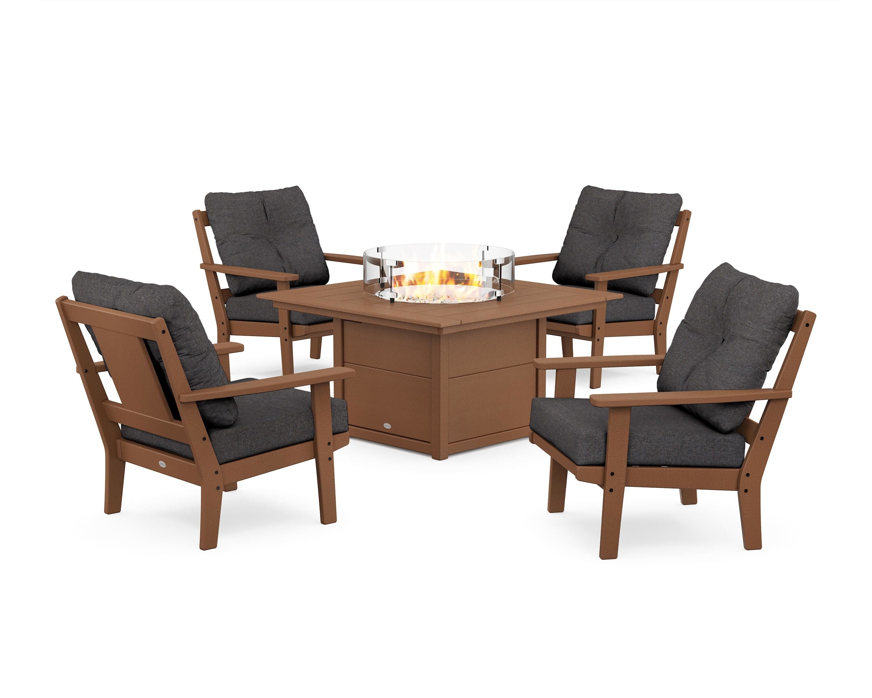 POLYWOOD® Prairie 5-Piece Deep Seating Set with Fire Pit Table in Teak / Ash Charcoal