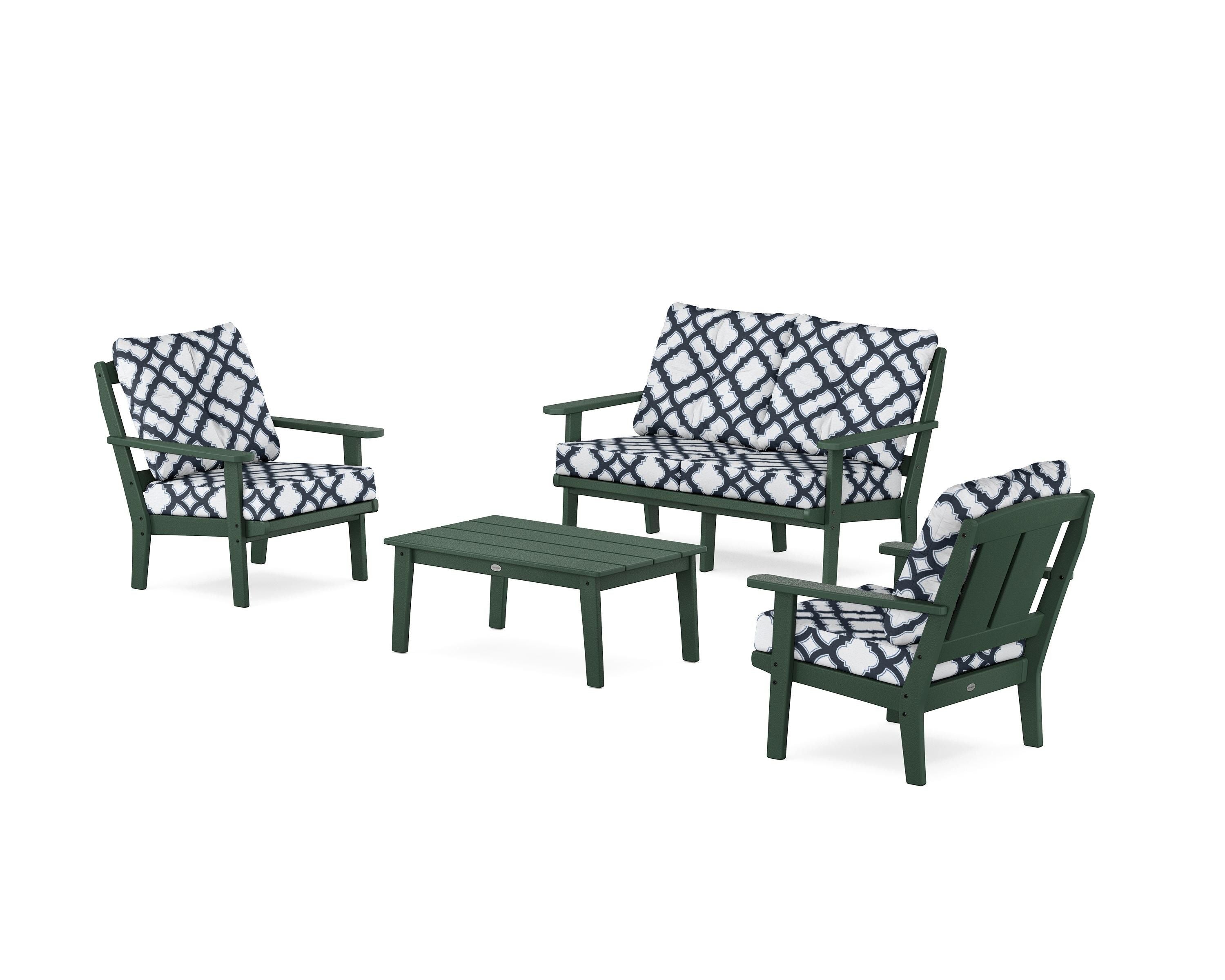 POLYWOOD® Mission 4-Piece Deep Seating Set with Loveseat in Green / Trellis Marine Indigo
