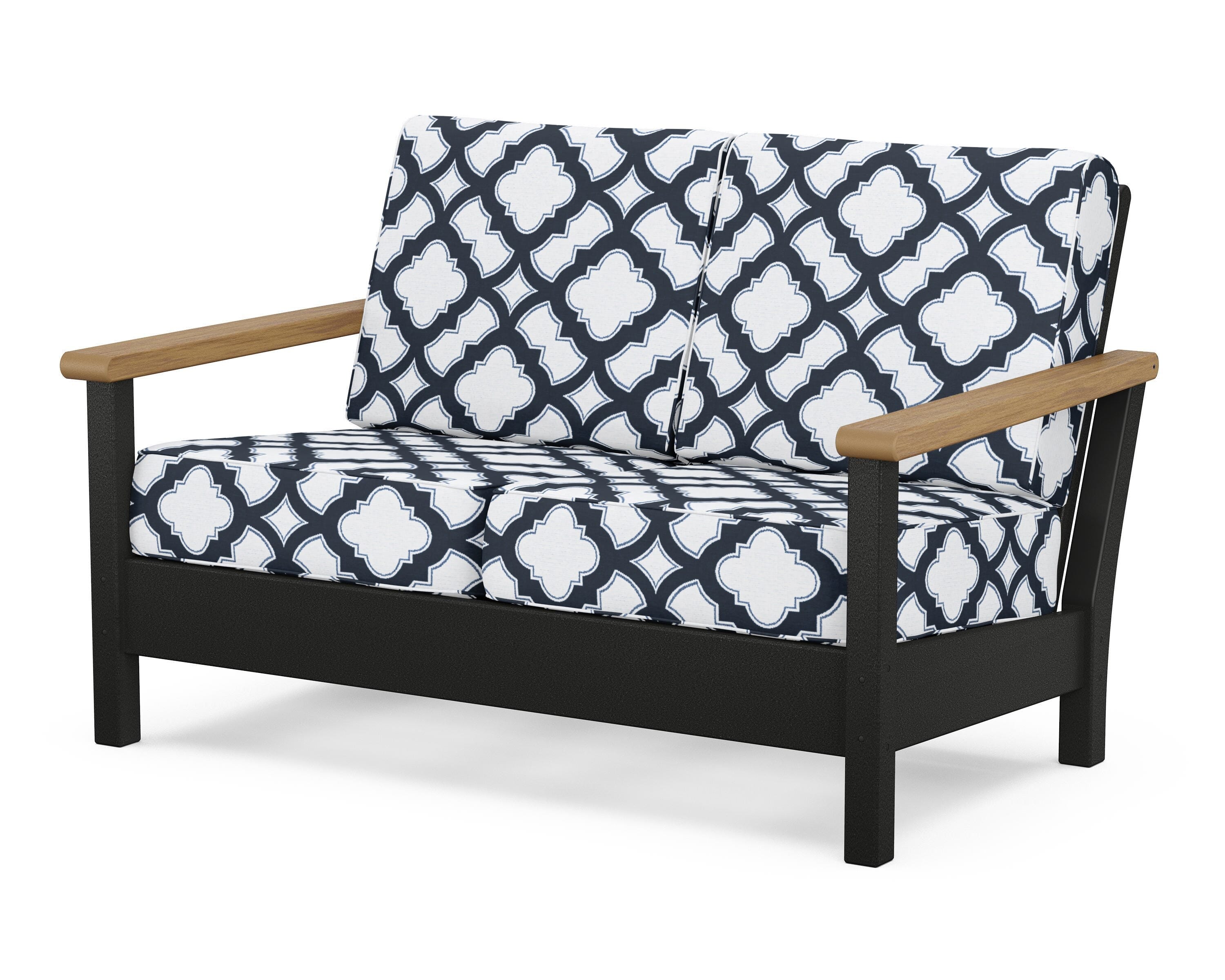 POLYWOOD® Harbour Deep Seating Loveseat in Black / Natural / Trellis Marine Indigo