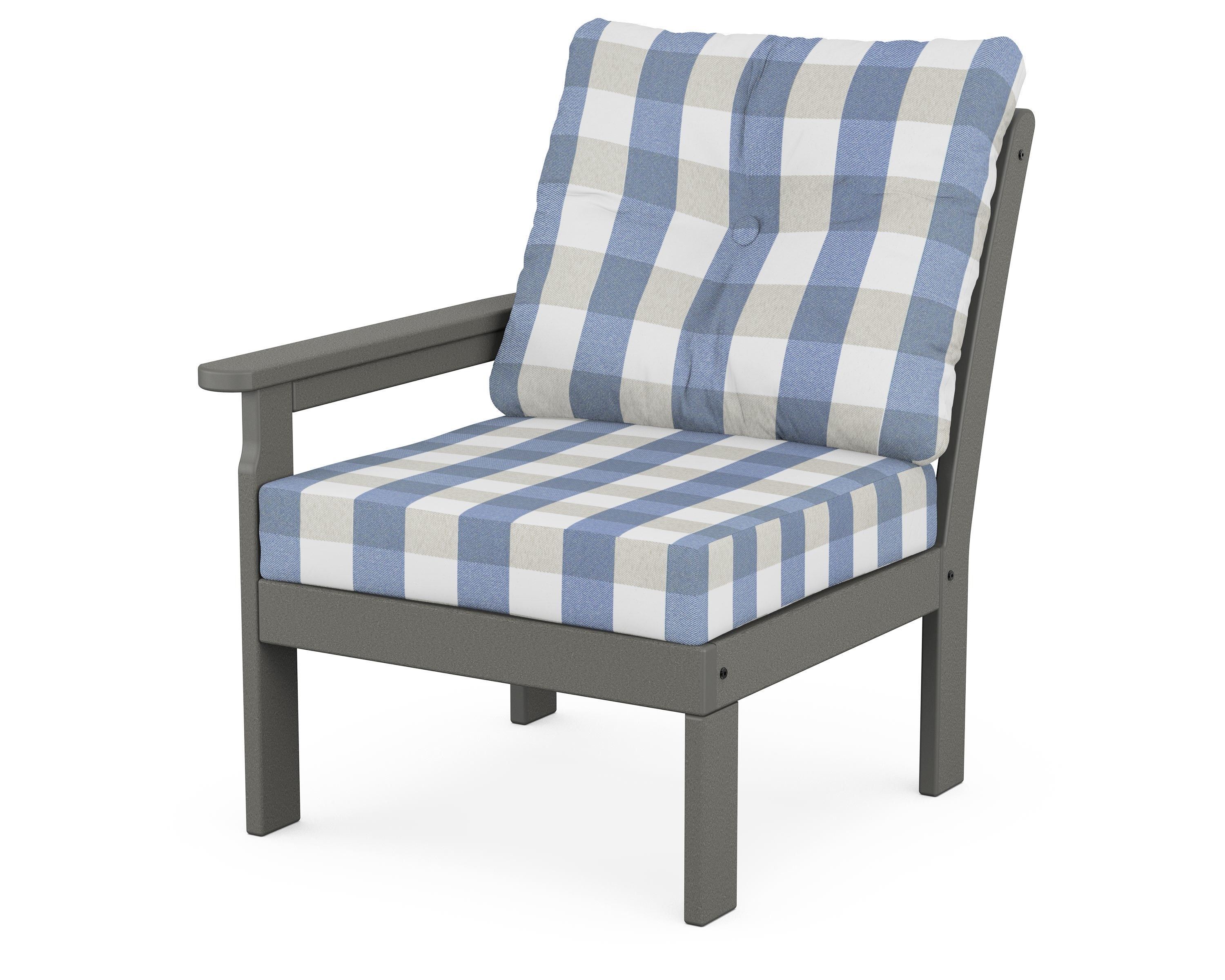 POLYWOOD® Vineyard Modular Left Arm Chair in Slate Grey / Buffalo Plaid Sky Blue