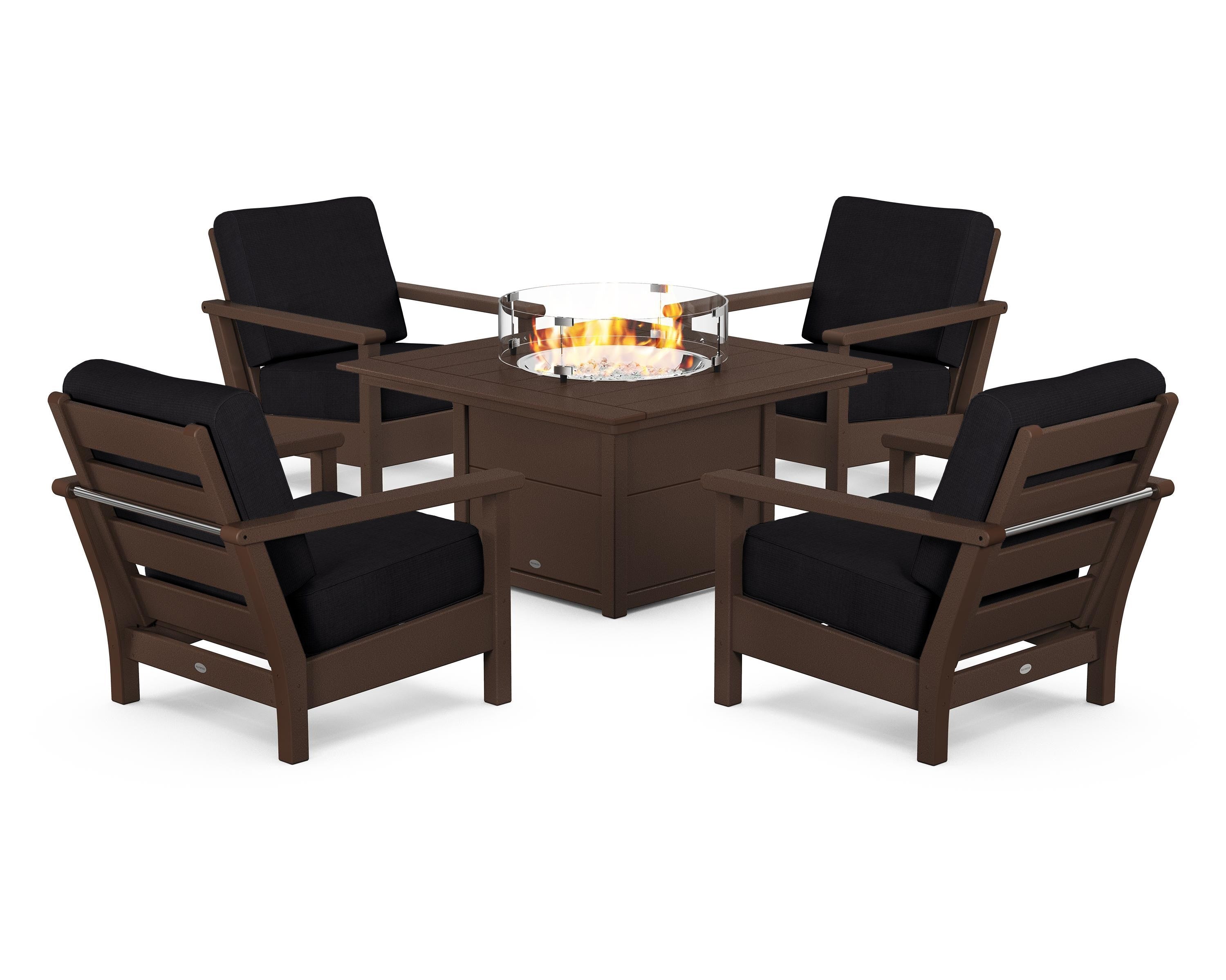 POLYWOOD® Harbour 5-Piece Conversation Set with Fire Pit Table in Mahogany / Midnight Linen