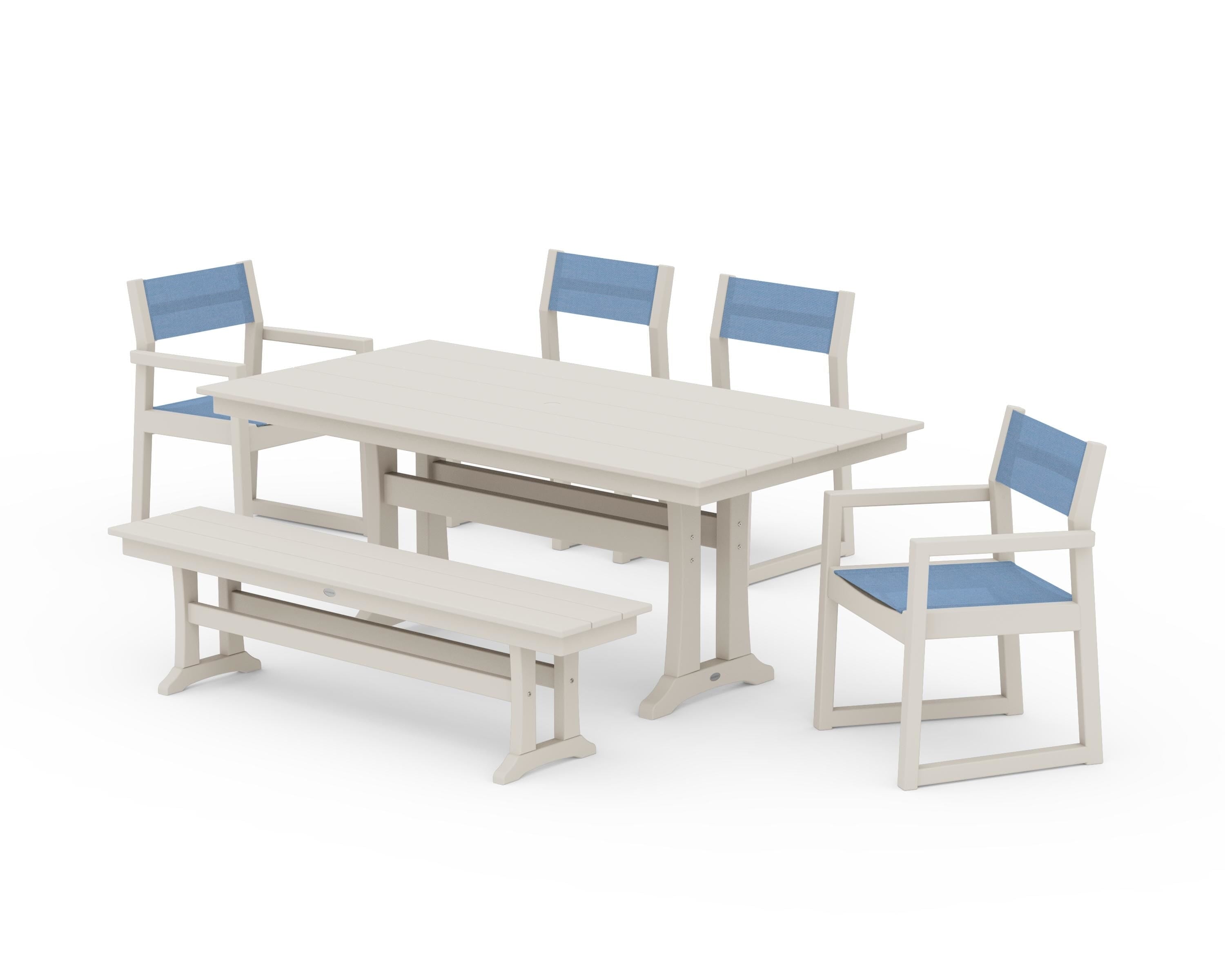 POLYWOOD® EDGE Sling 6-Piece Farmhouse Dining Set With Trestle Legs in Sand / Poolside Sling