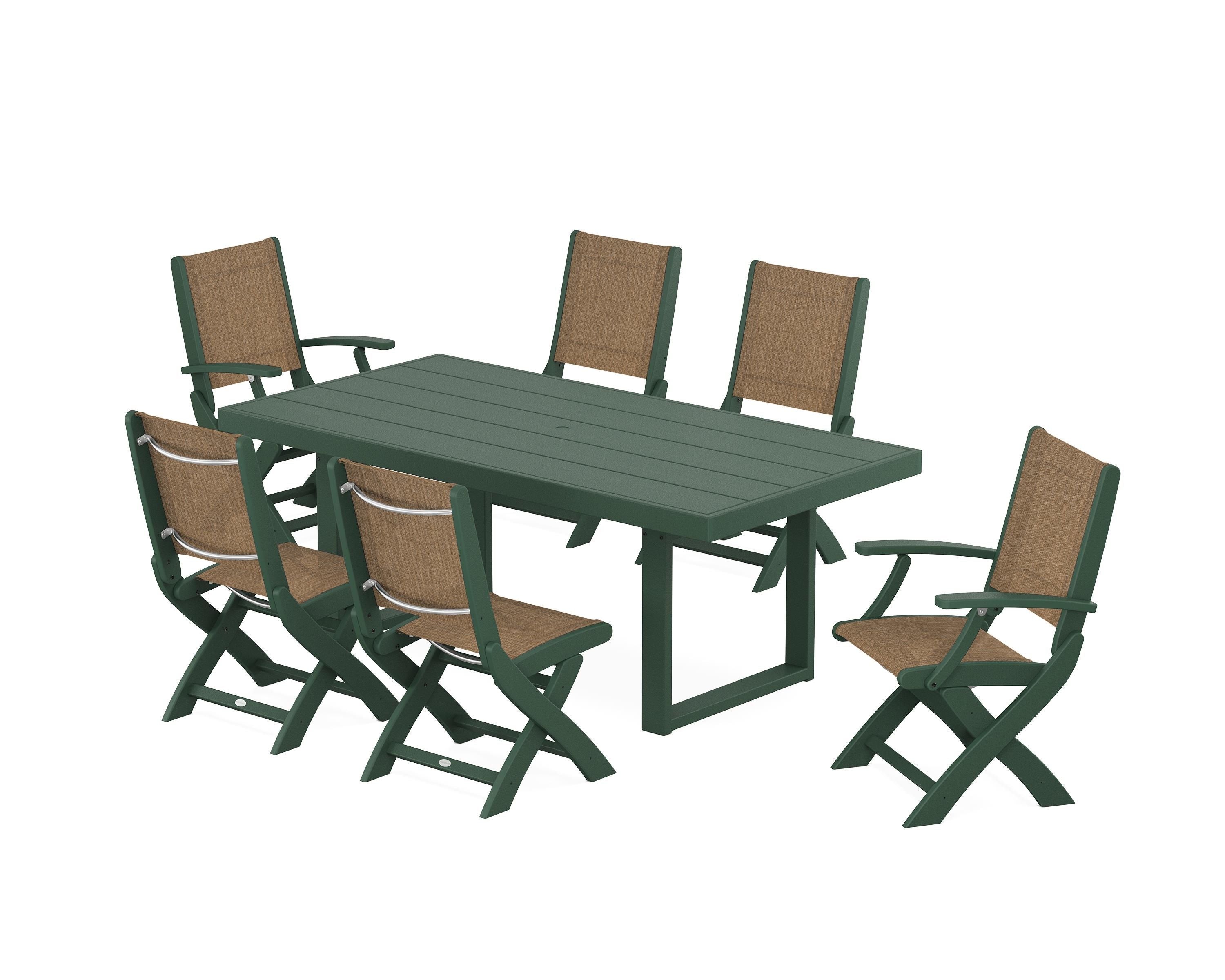 POLYWOOD® Coastal Folding Chair 7-Piece Dining Set with Trestle Legs in Green / Burlap Sling