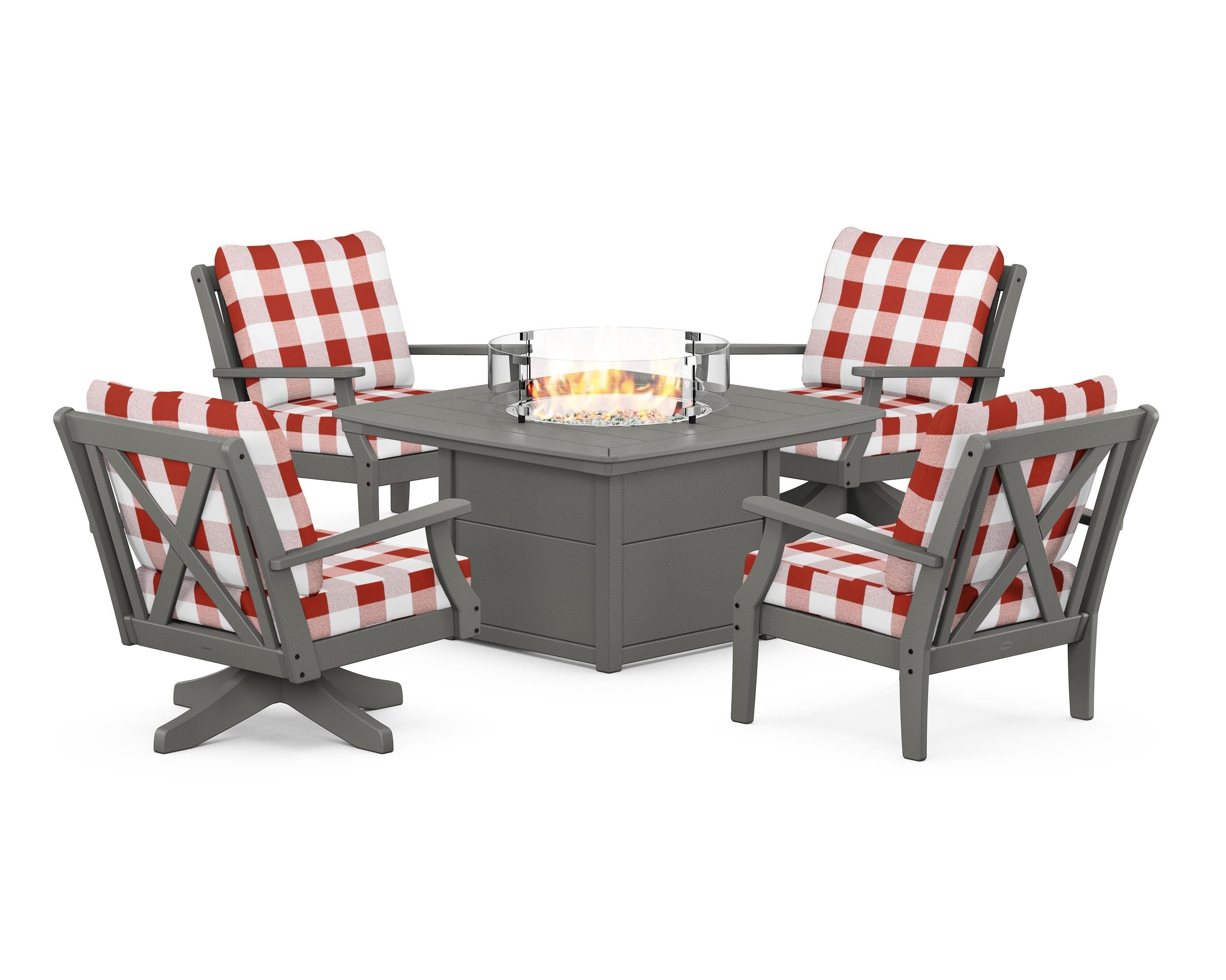 POLYWOOD® Braxton 5-Piece Deep Seating Set with Fire Table in Slate Grey / Buffalo Plaid Crimson