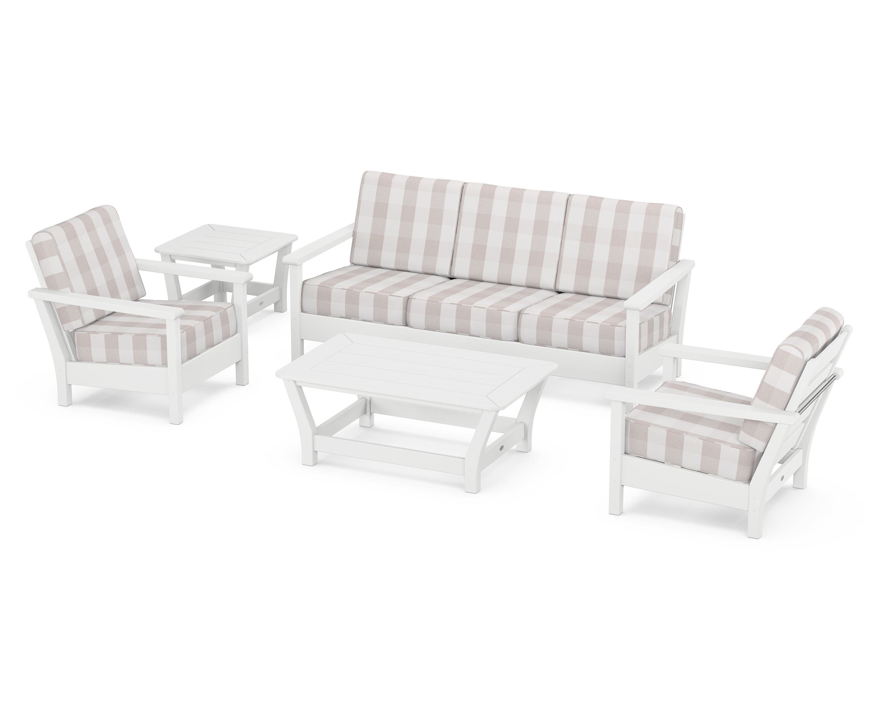 POLYWOOD® Harbour 5-Piece Deep Seating Set in White / Buffalo Plaid Dune Burlap