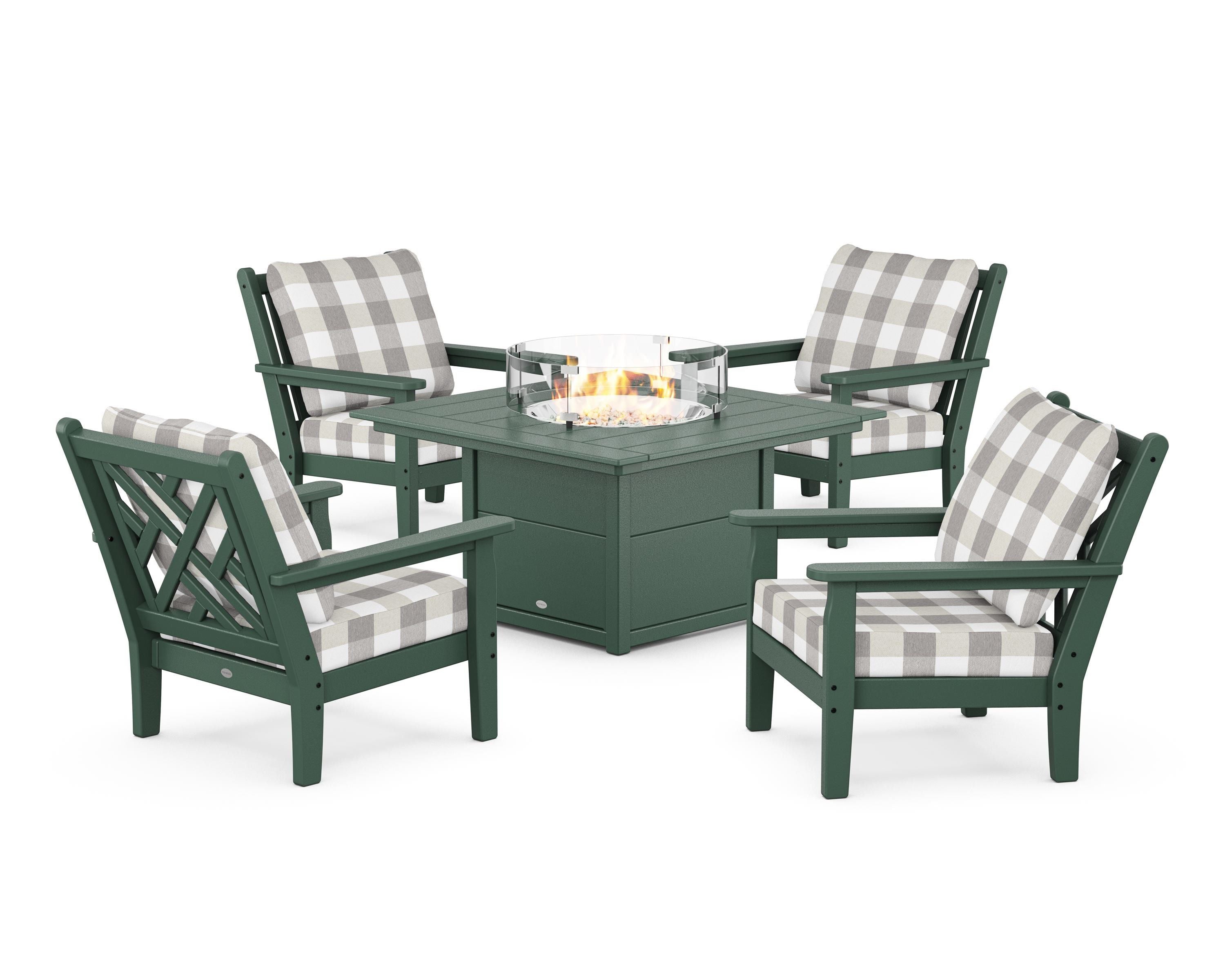 POLYWOOD® Chippendale 5-Piece Deep Seating Set with Fire Pit Table in Green / Buffalo Plaid Grey Mist