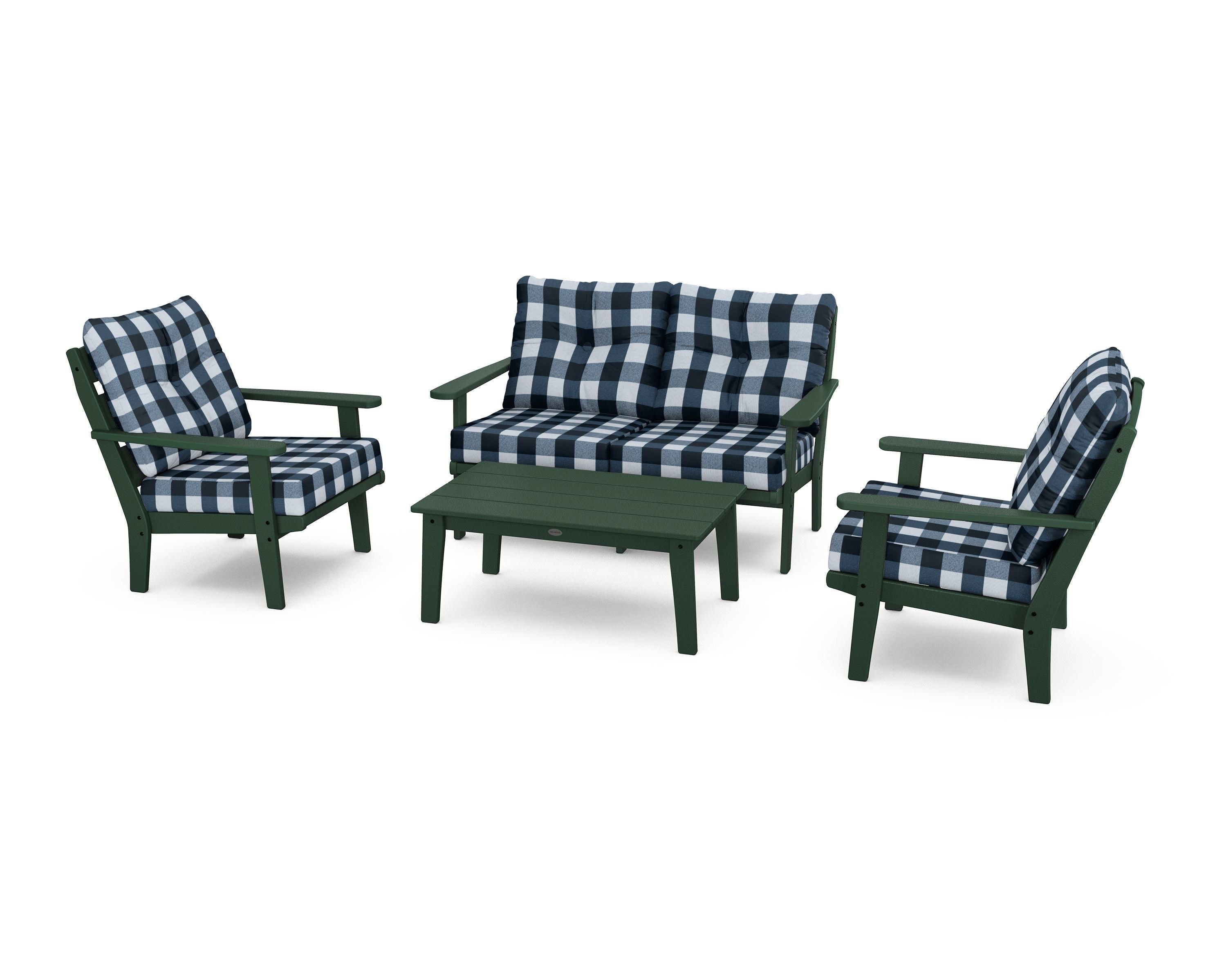 POLYWOOD® Lakeside 4-Piece Deep Seating Set in Green / Buffalo Plaid Marine Indigo