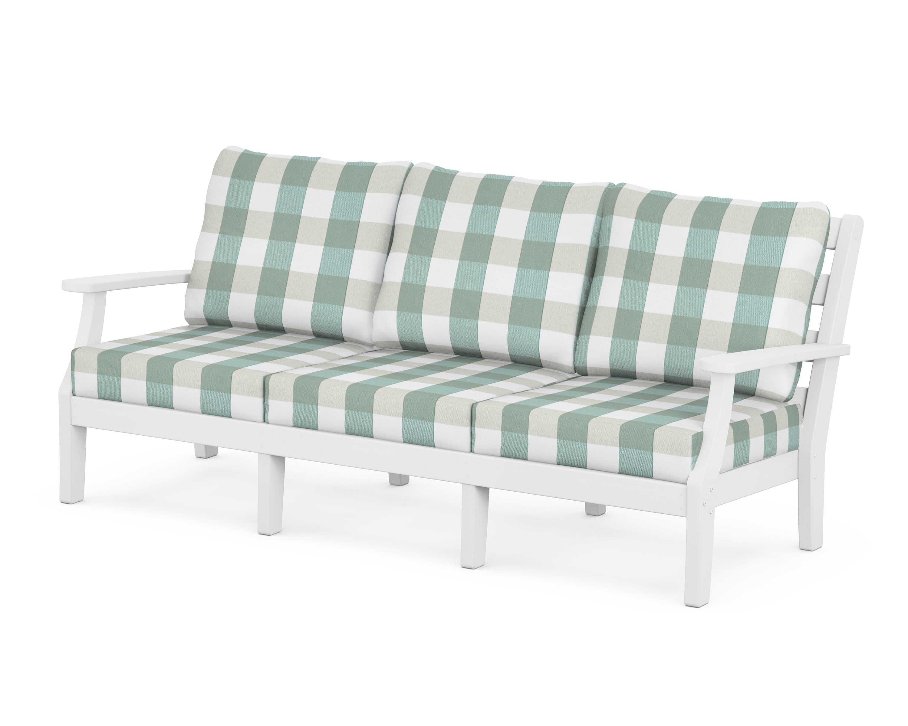 POLYWOOD® Chesapeake Deep Seating Sofa in White / Buffalo Plaid Glacier Spa