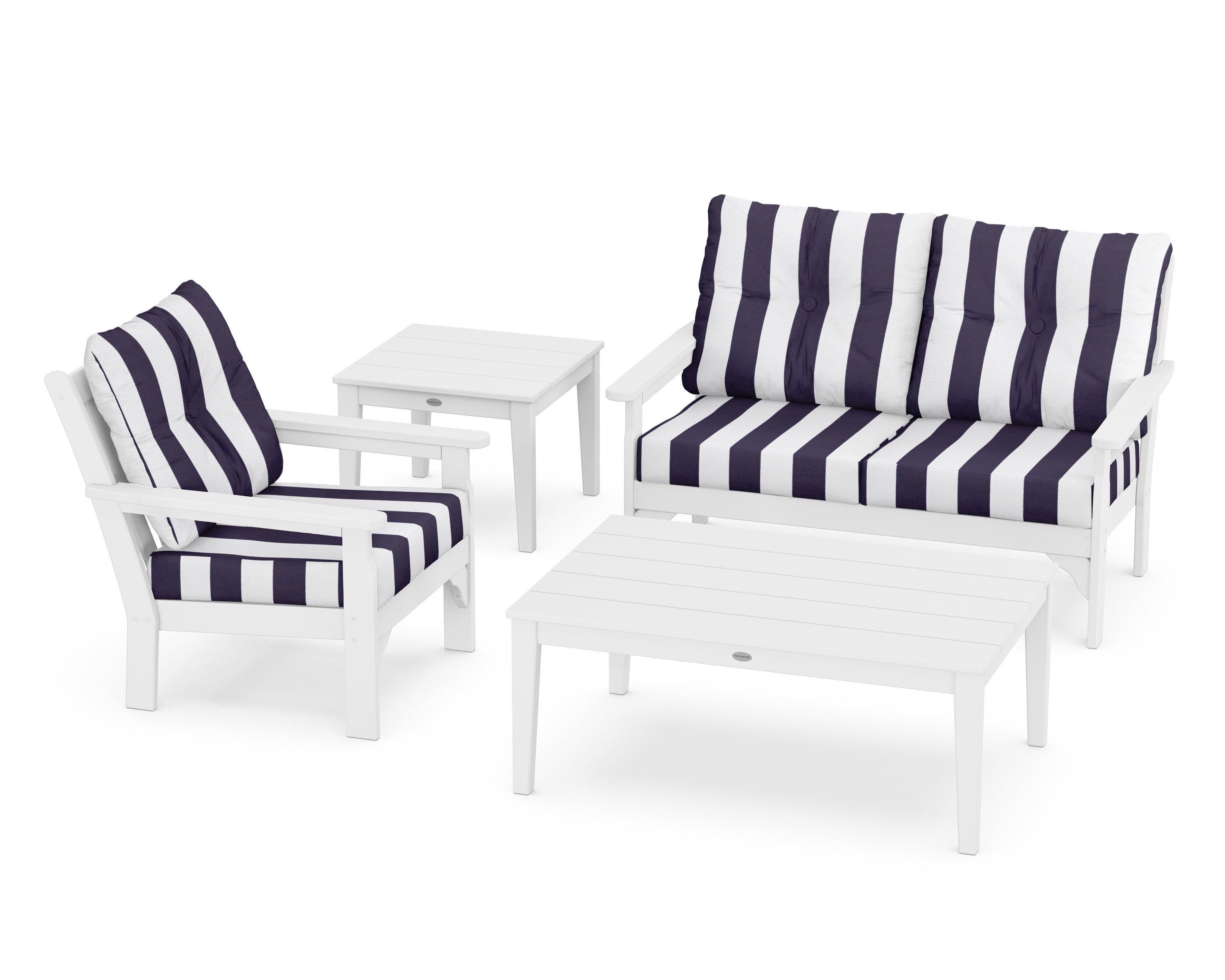 POLYWOOD® Vineyard 4-Piece Deep Seating Set in White / Cabana Stripe Navy