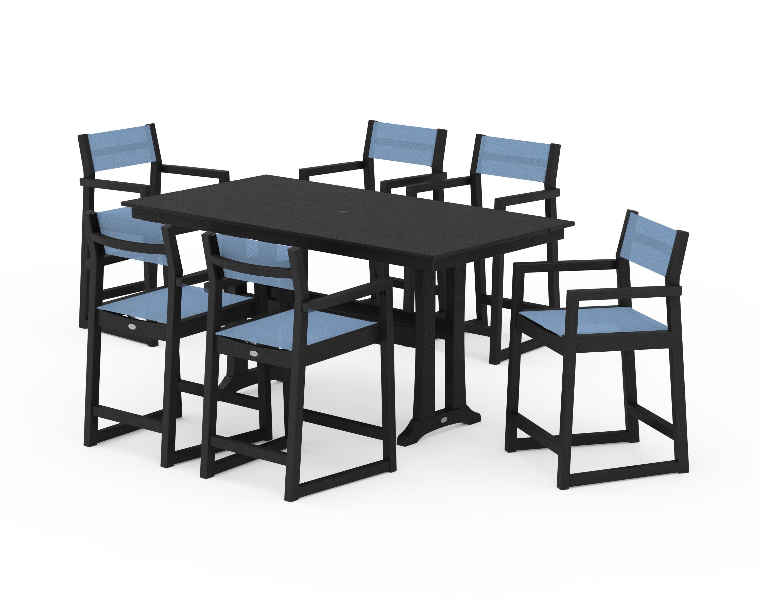 POLYWOOD® EDGE Sling Arm Chair 7-Piece Farmhouse Counter Set with Trestle Legs in Black / Poolside Sling