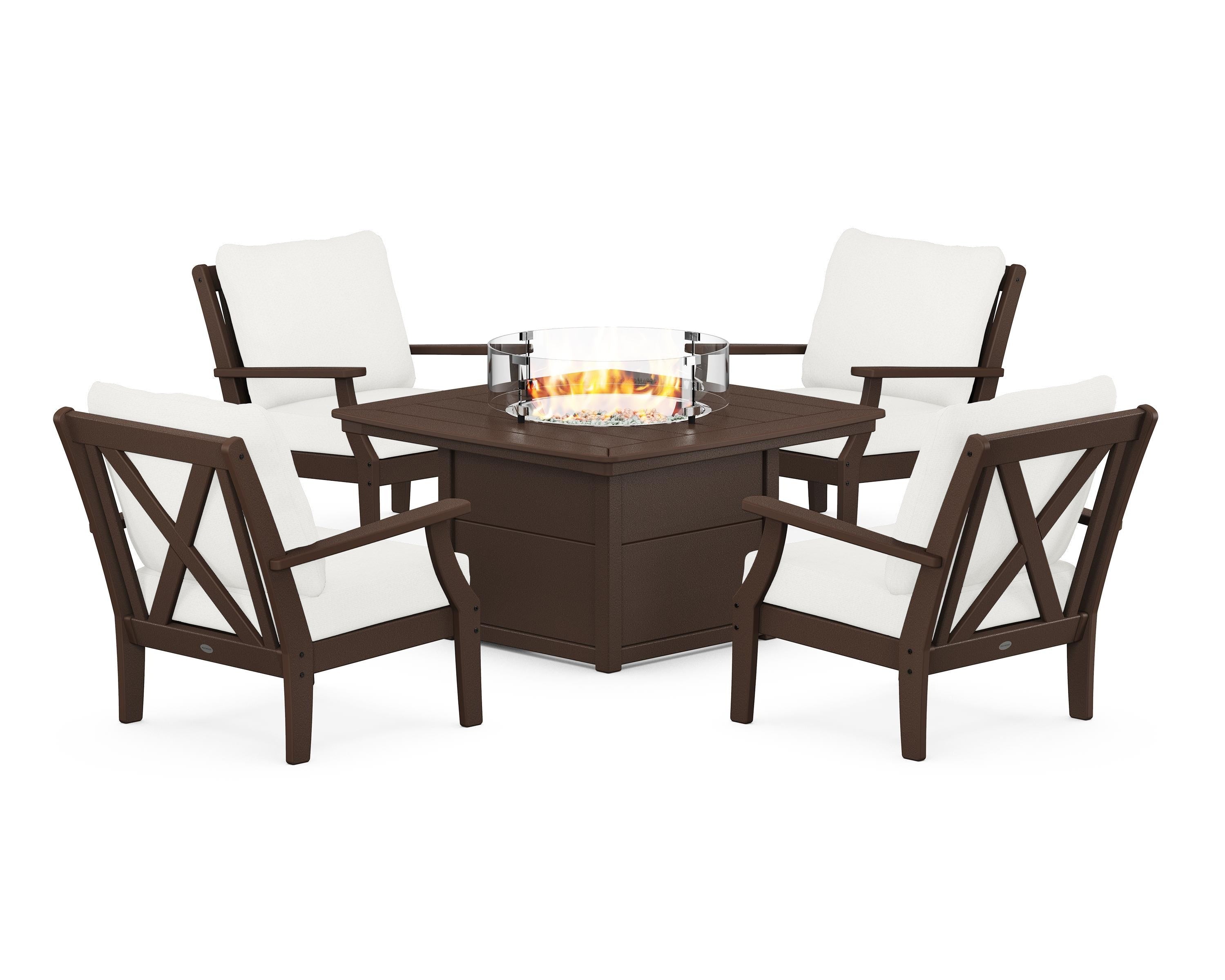 POLYWOOD® Braxton 5-Piece Deep Seating Conversation Set with Fire Pit Table in Mahogany / Natural Linen