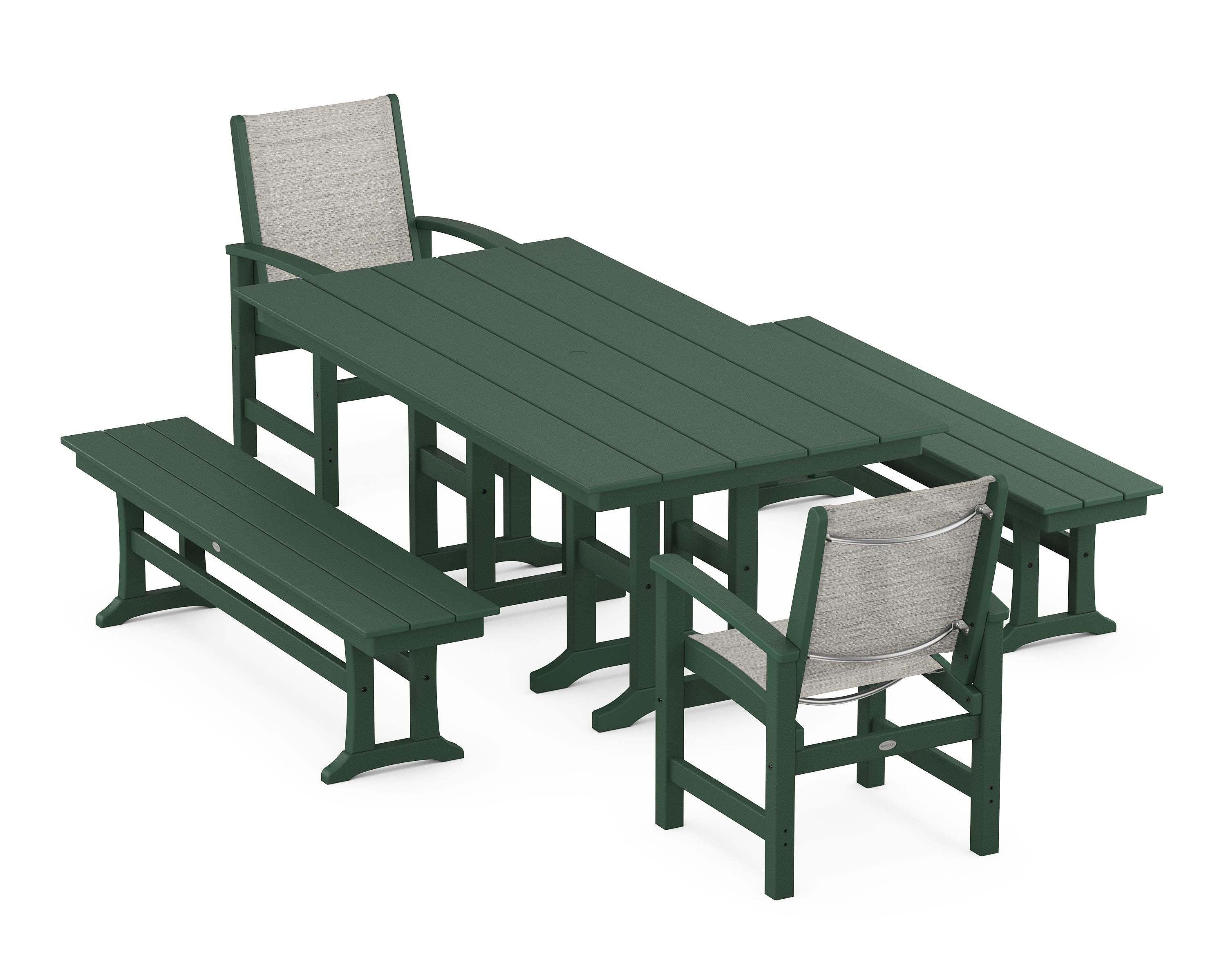 POLYWOOD® Coastal 5-Piece Farmhouse Dining Set in Green / Birch Sling