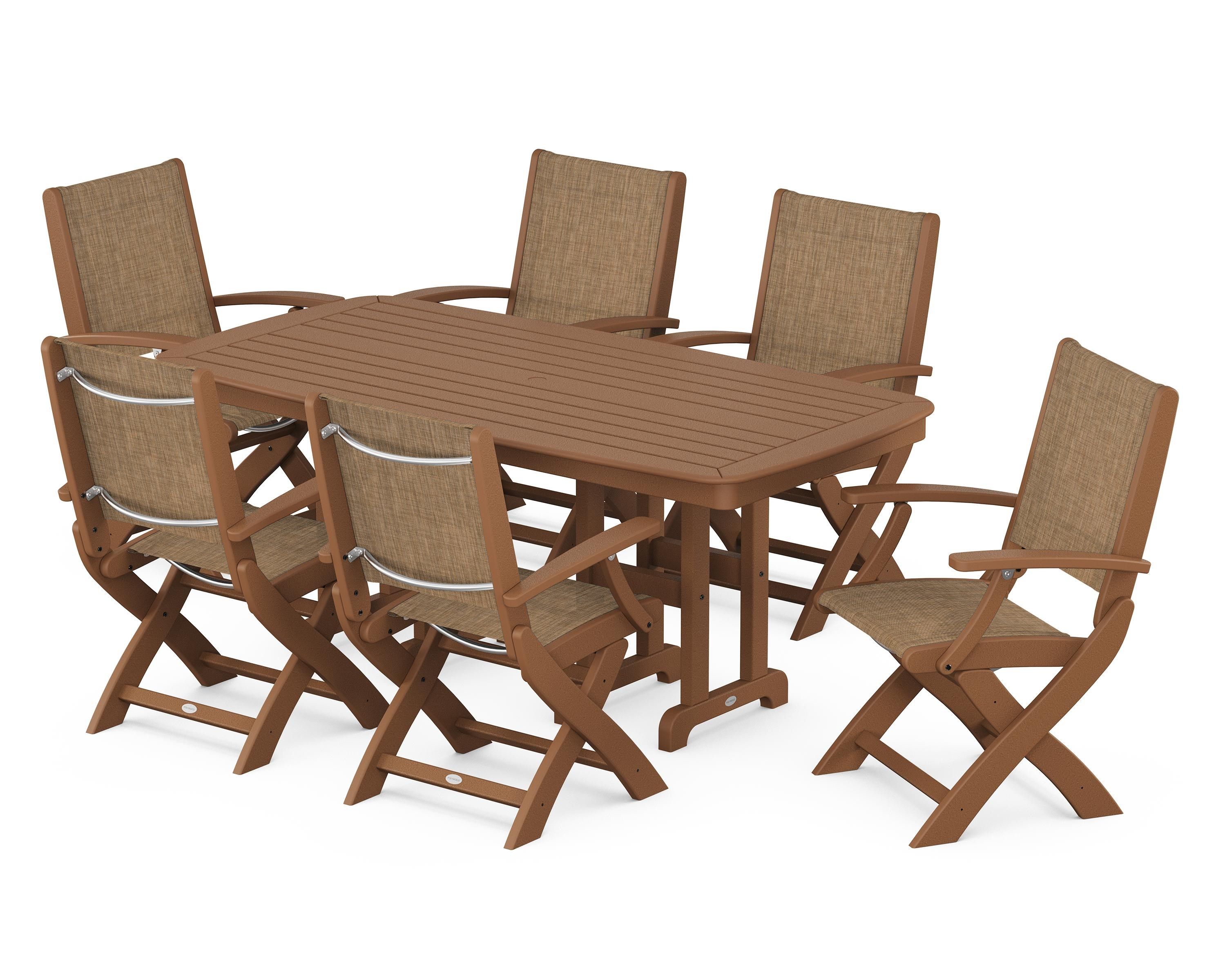 POLYWOOD® Coastal Folding Arm Chair 7-Piece Dining Set in Teak / Burlap Sling