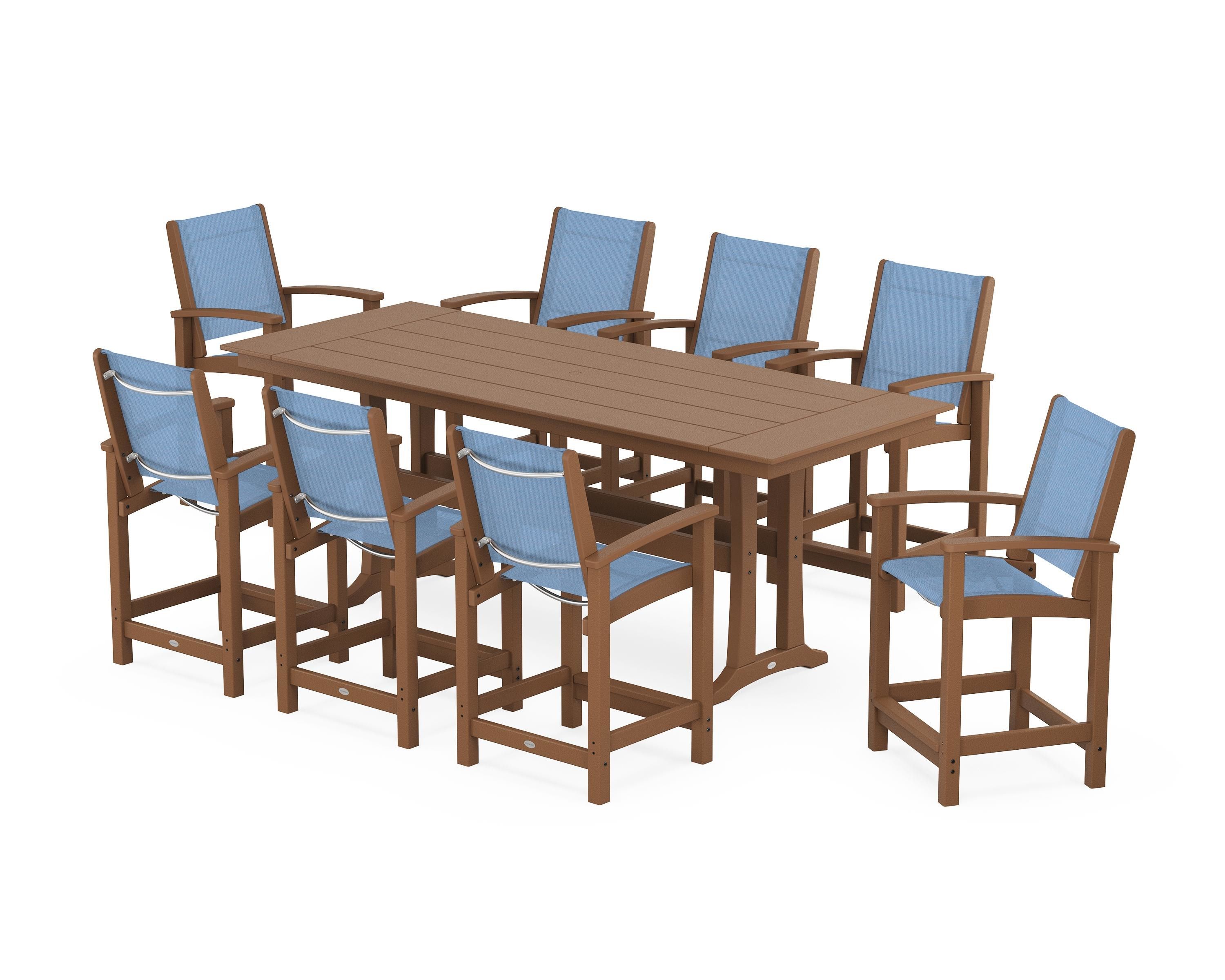 POLYWOOD® Coastal 9-Piece Farmhouse Counter Set with Trestle Legs in Teak / Poolside Sling