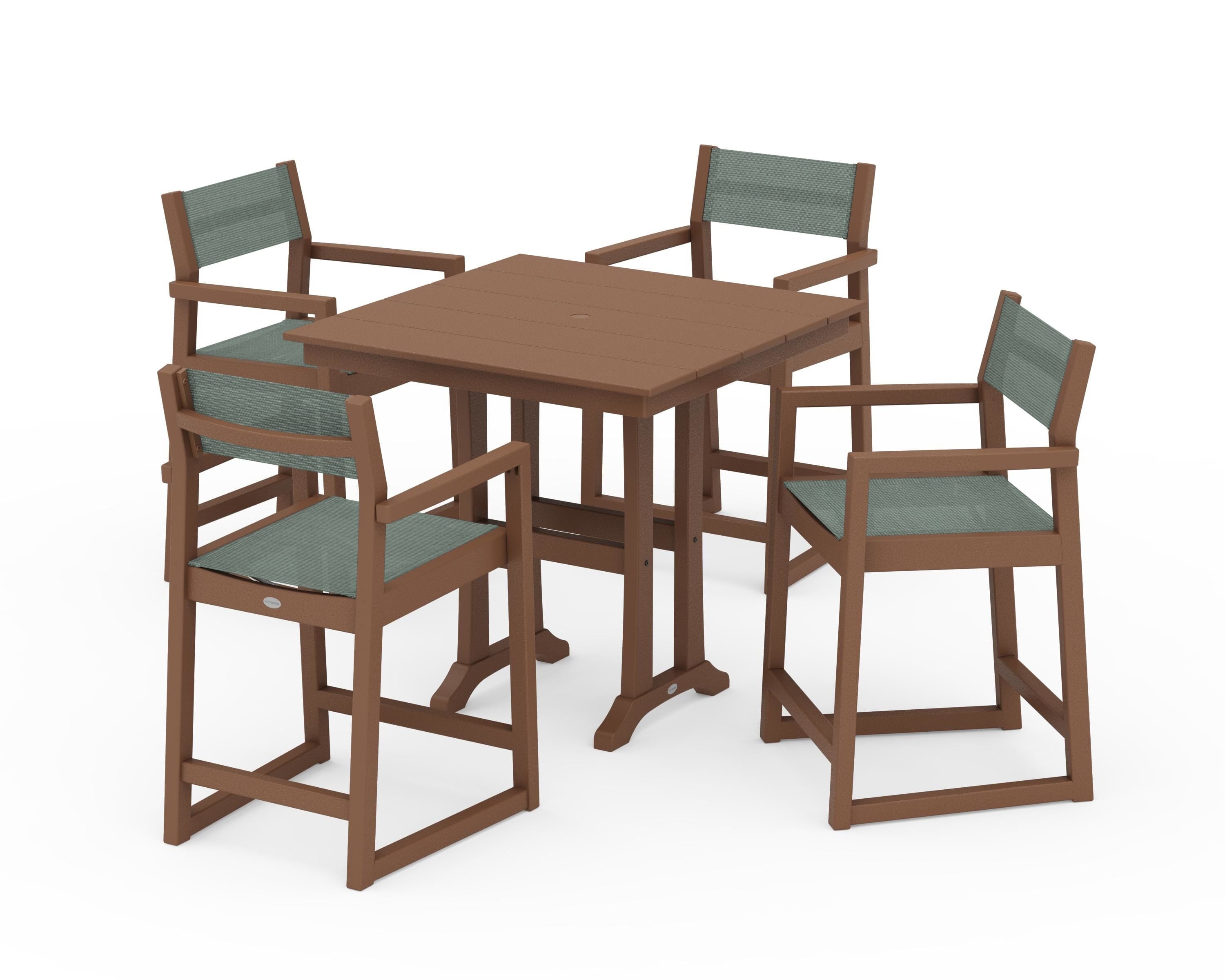 POLYWOOD® EDGE Sling Arm Chair 5-Piece Farmhouse Counter Set with Trestle Legs in Teak / Dupioni Sea Mist Sling