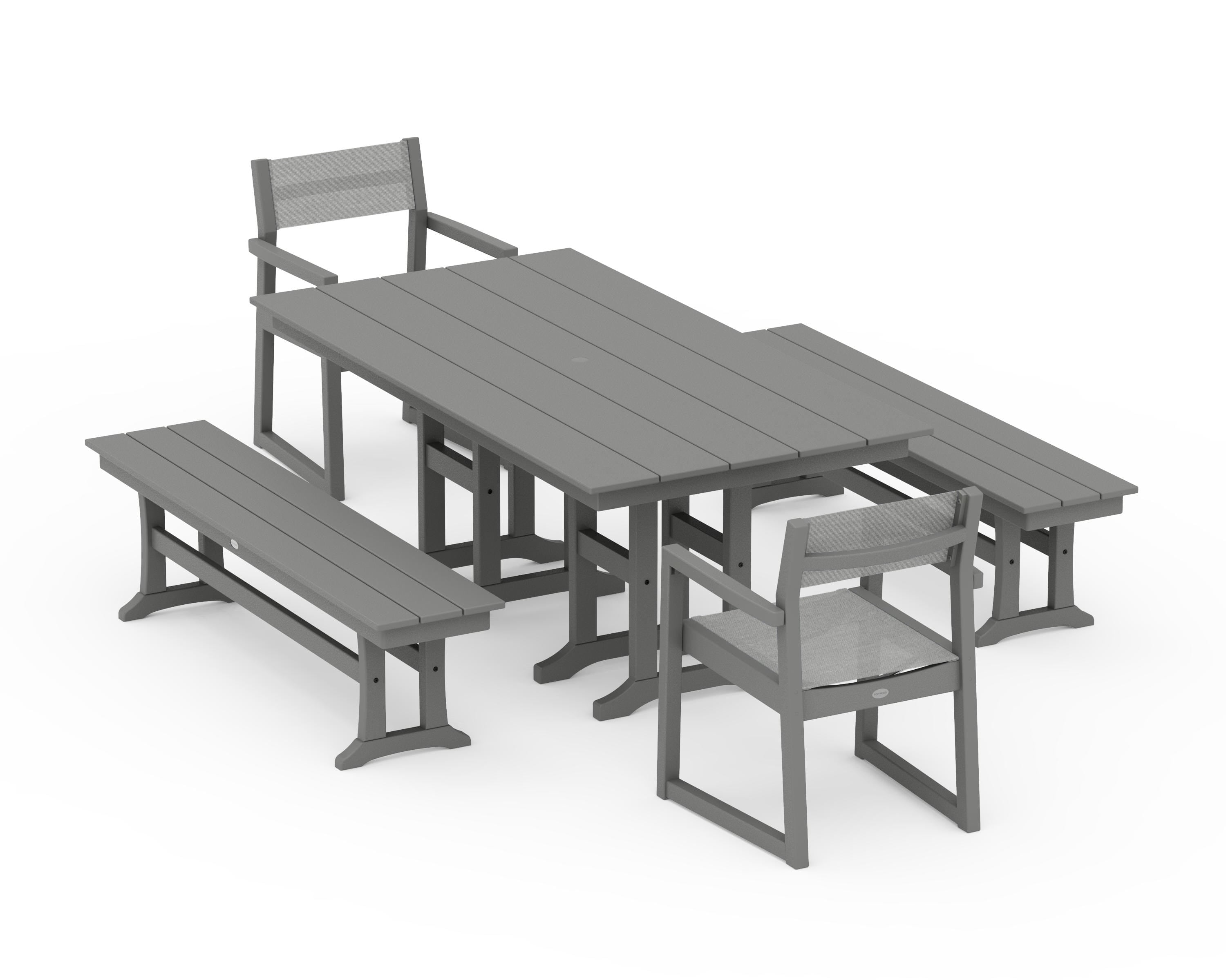 POLYWOOD® EDGE Sling Arm Chair 5-Piece Farmhouse Dining Set with Benches in Slate Grey / Metallic Sling