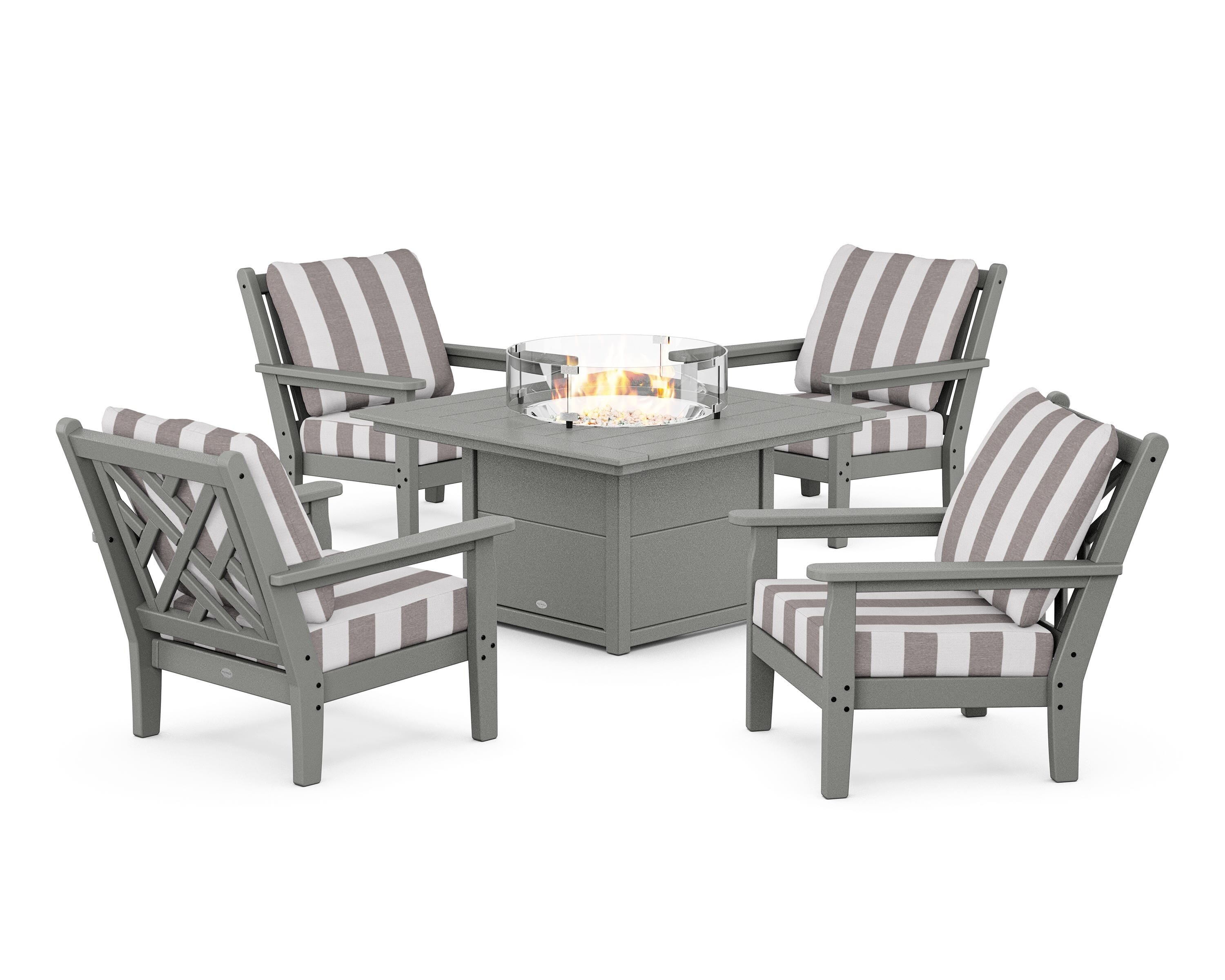 POLYWOOD® Chippendale 5-Piece Deep Seating Set with Fire Pit Table in Slate Grey / Cabana Stripe Grey Mist