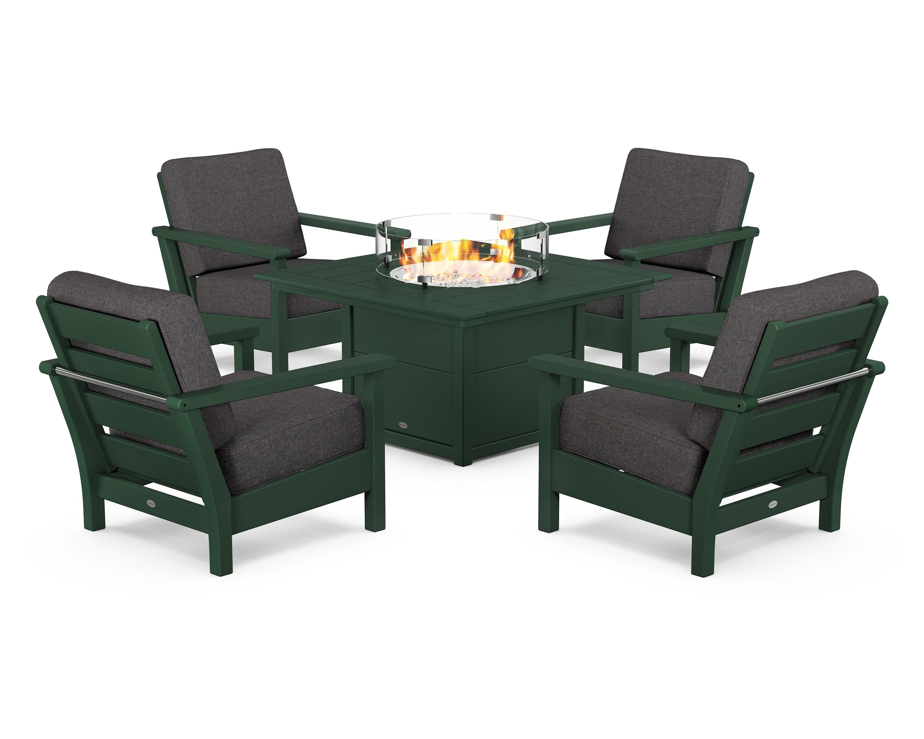 POLYWOOD® Harbour 5-Piece Conversation Set with Fire Pit Table in Green / Ash Charcoal
