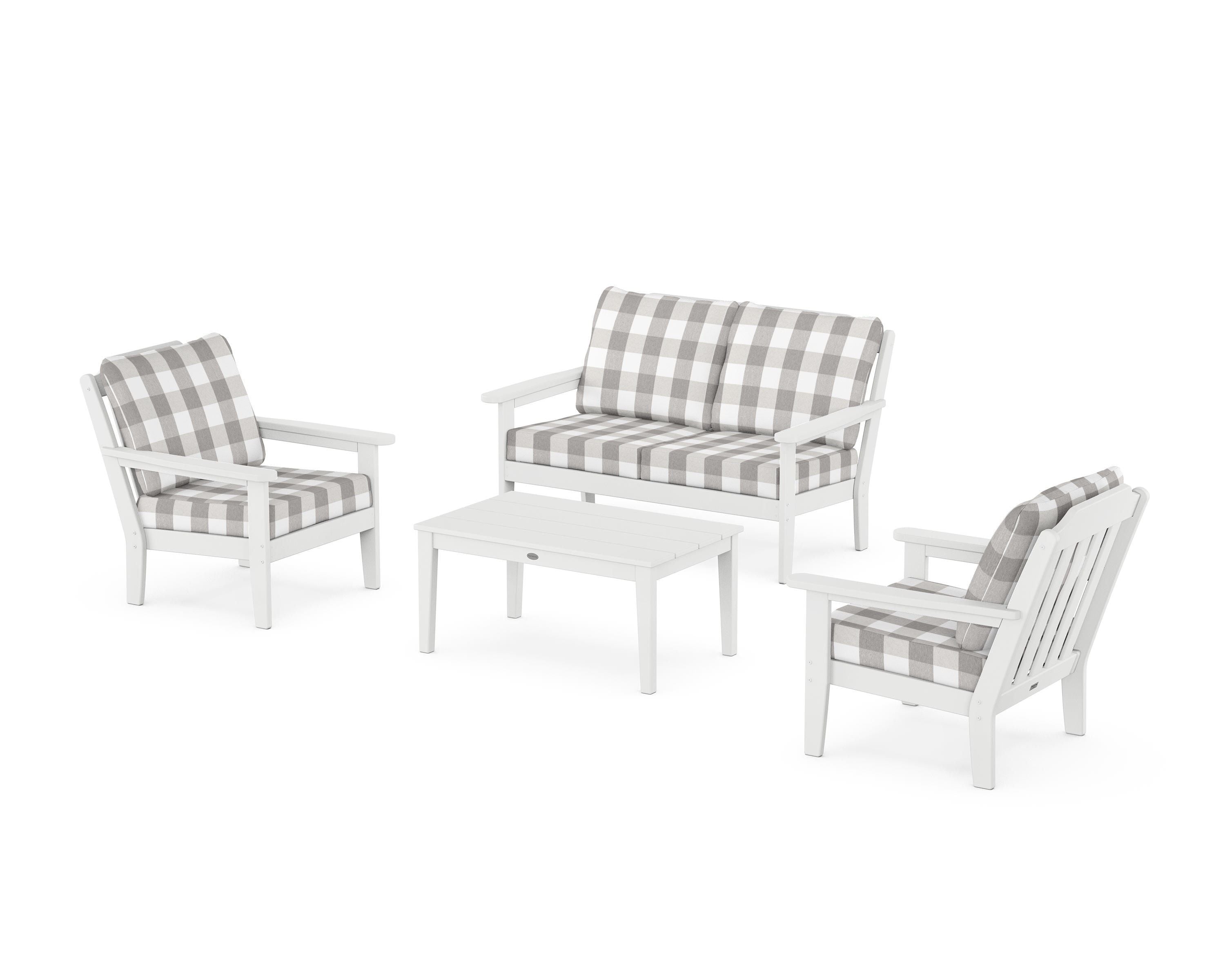 Country Living Cottage 4-Piece Deep Seating Set with Loveseat in White / Buffalo Plaid Grey Mist