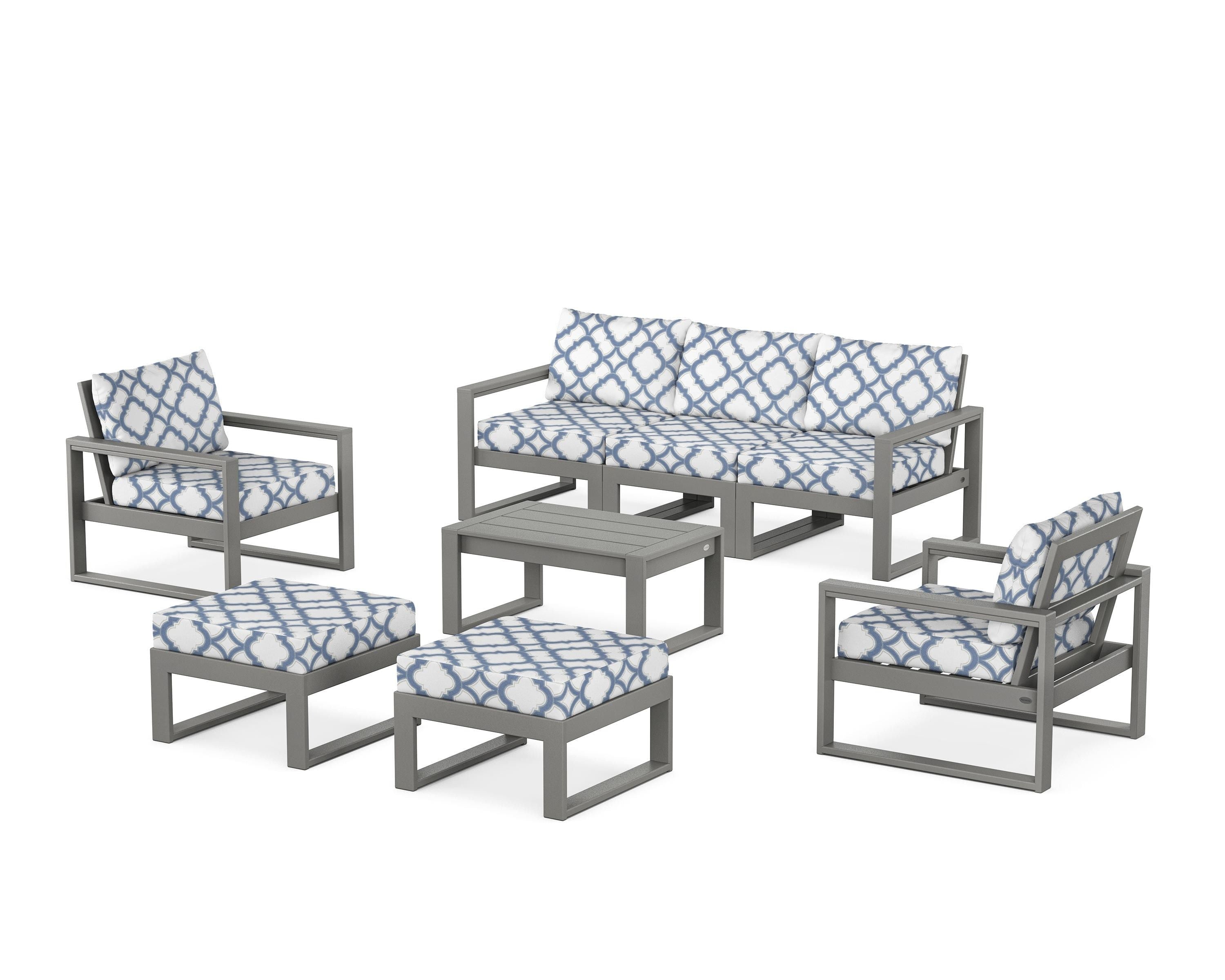 POLYWOOD® EDGE Sectional 8-Piece Lounge Sofa Set in Slate Grey / Trellis Sky Blue