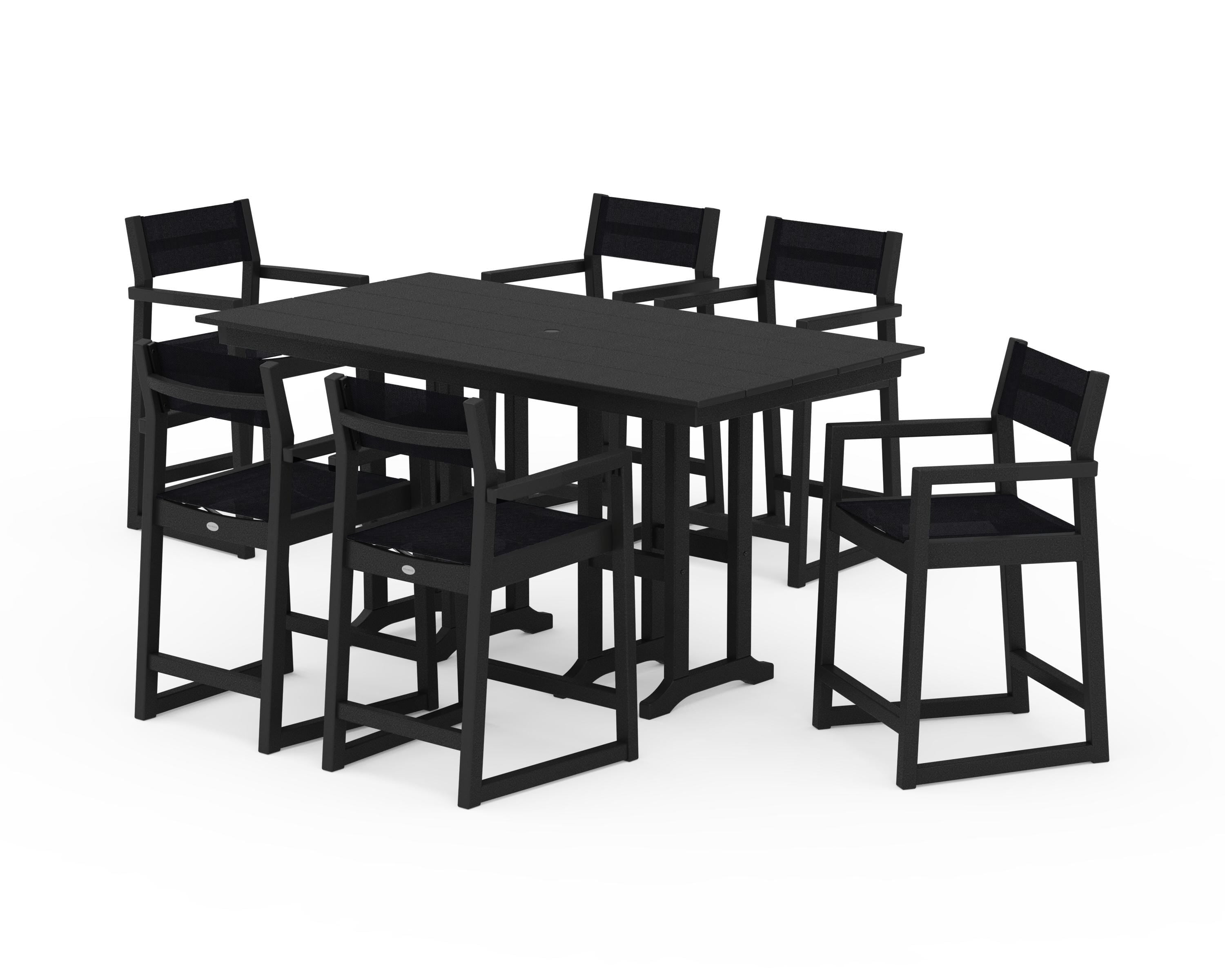 POLYWOOD® EDGE Sling Arm Chair 7-Piece Farmhouse Counter Set in Black / Black Sling