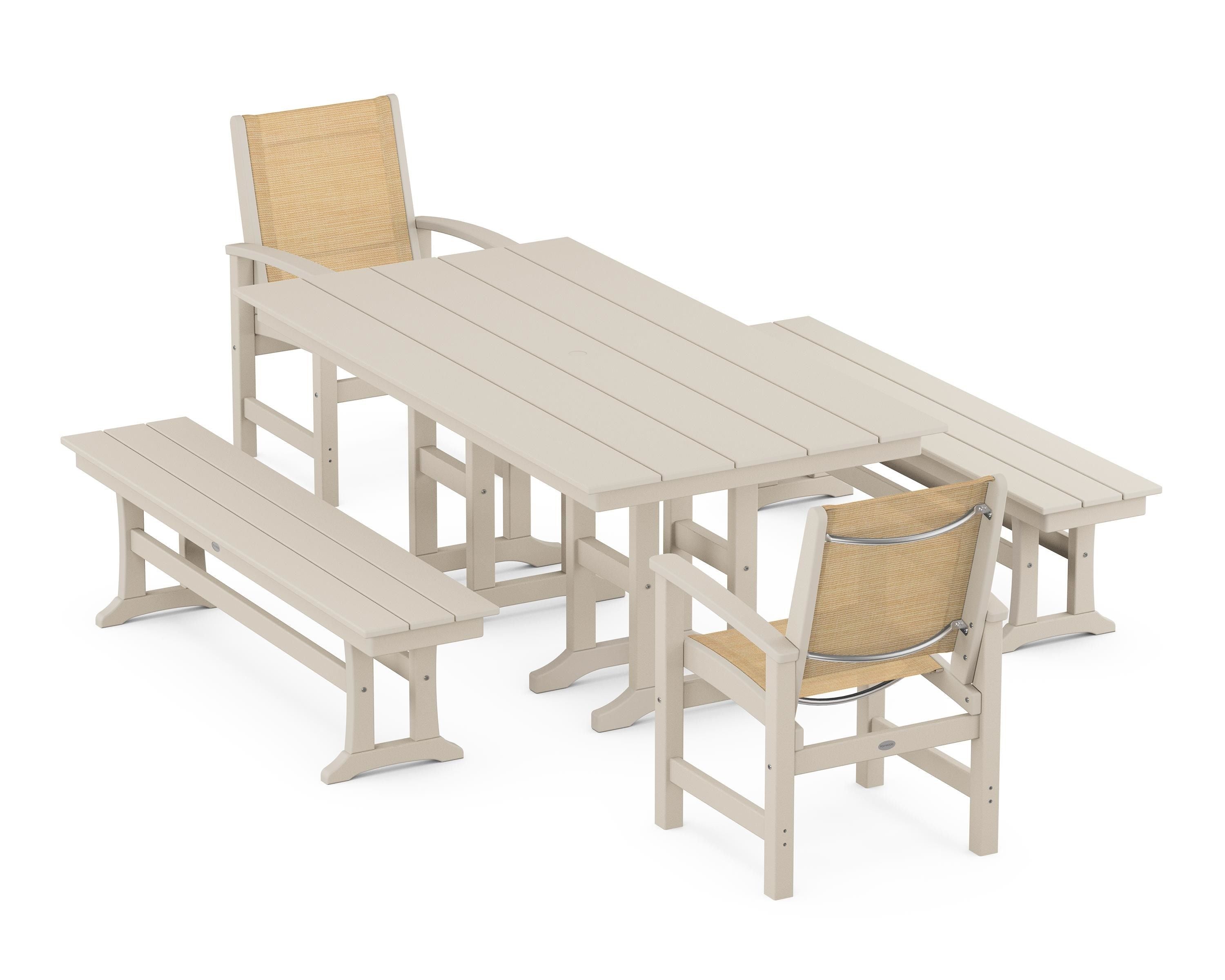 POLYWOOD® Coastal 5-Piece Farmhouse Dining Set in Sand / Dupioni Apricot Sling