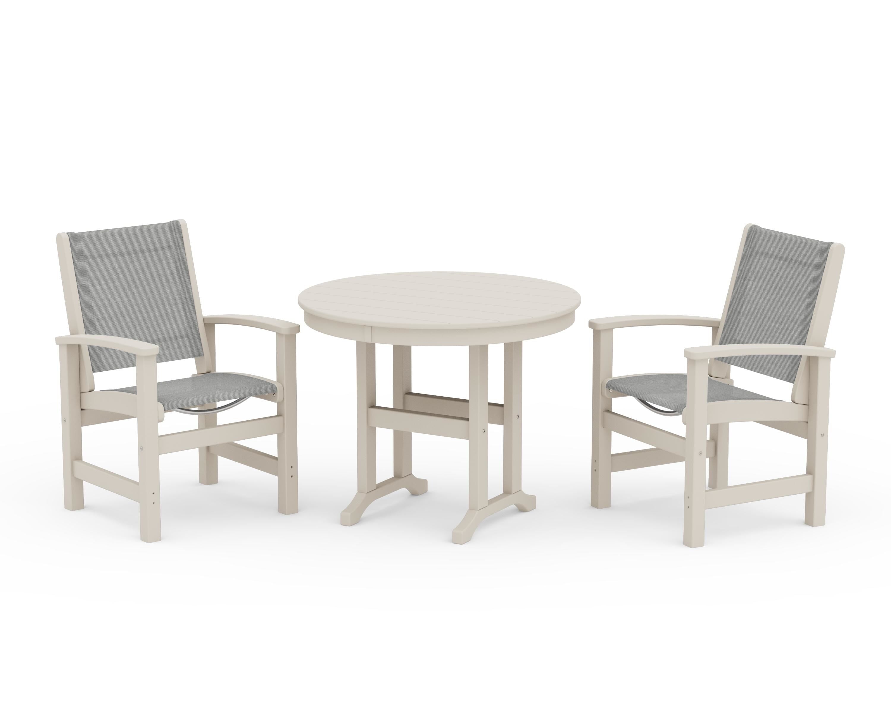 POLYWOOD® Coastal 3-Piece Round Dining Set in Sand / Metallic Sling
