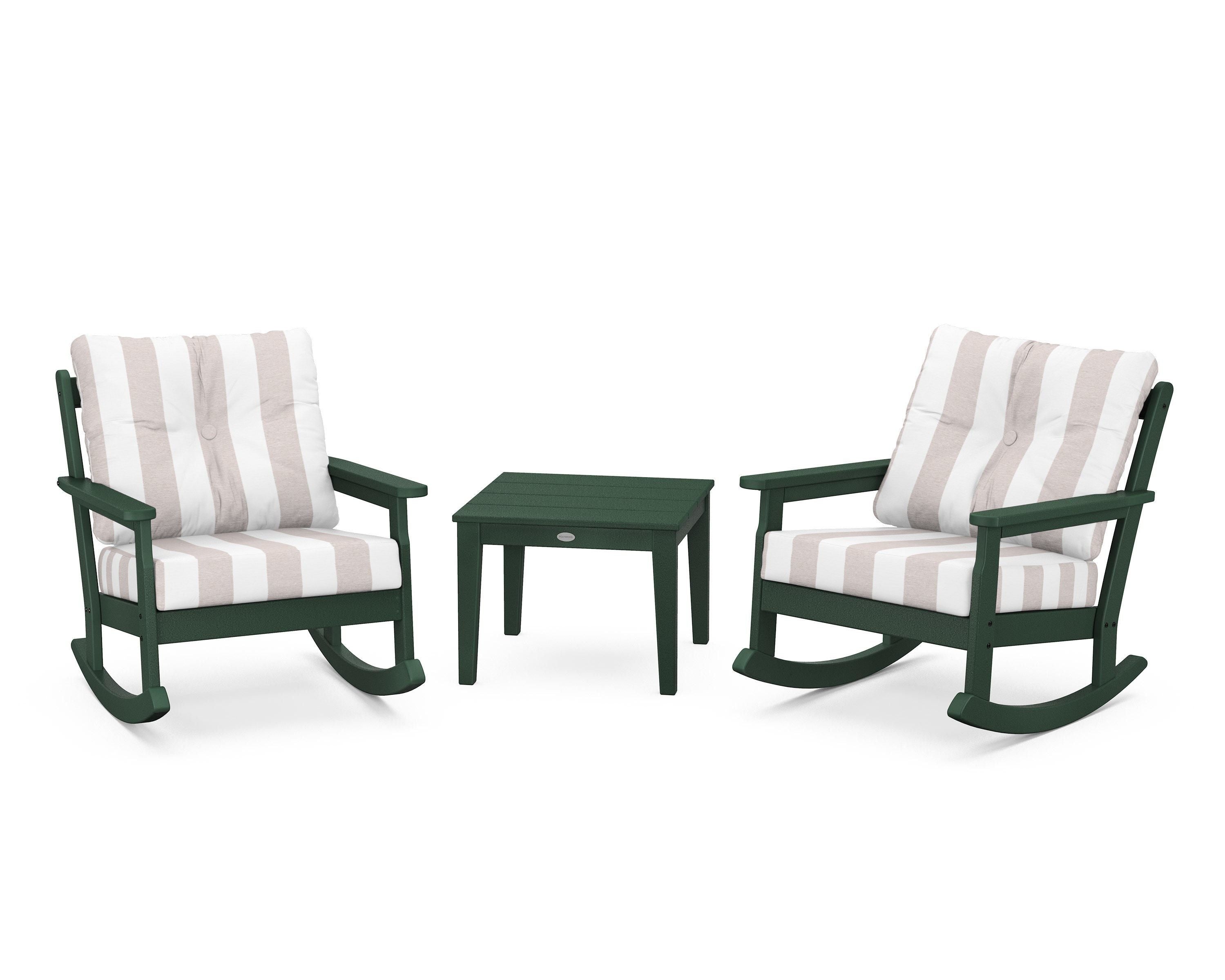 POLYWOOD® Vineyard 3-Piece Deep Seating Rocker Set in Green / Cabana Stripe Dune Burlap