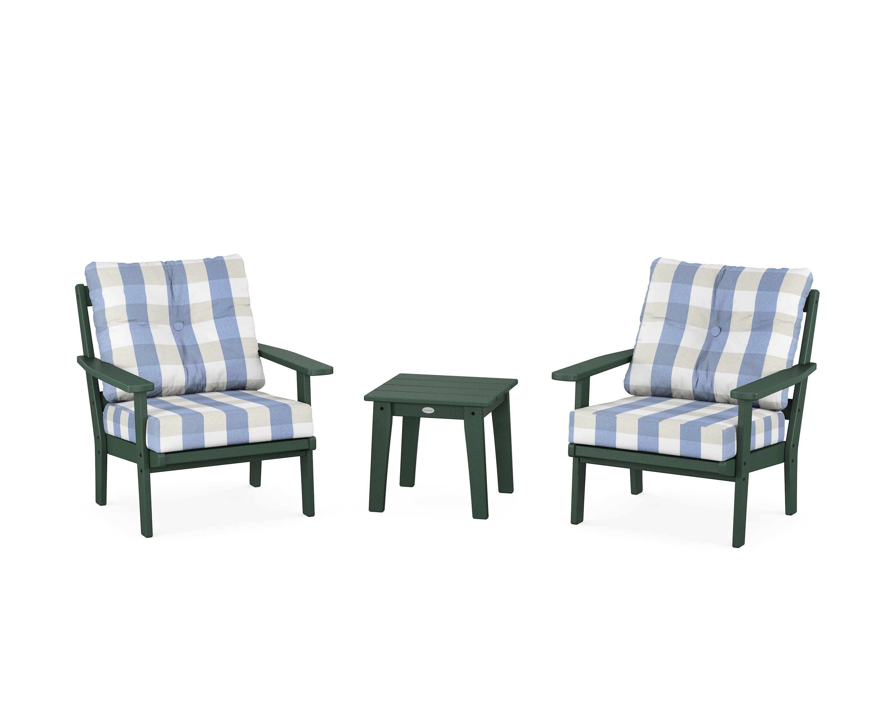 POLYWOOD® Prairie 3-Piece Deep Seating Set in Green / Buffalo Plaid Sky Blue