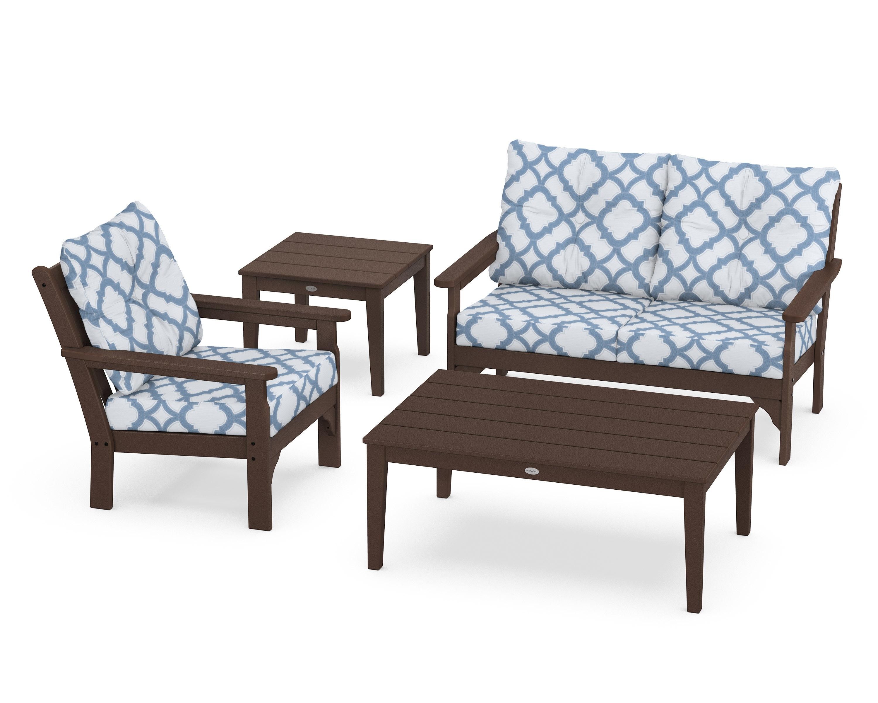 POLYWOOD® Vineyard 4-Piece Deep Seating Set in Mahogany / Trellis Sky Blue