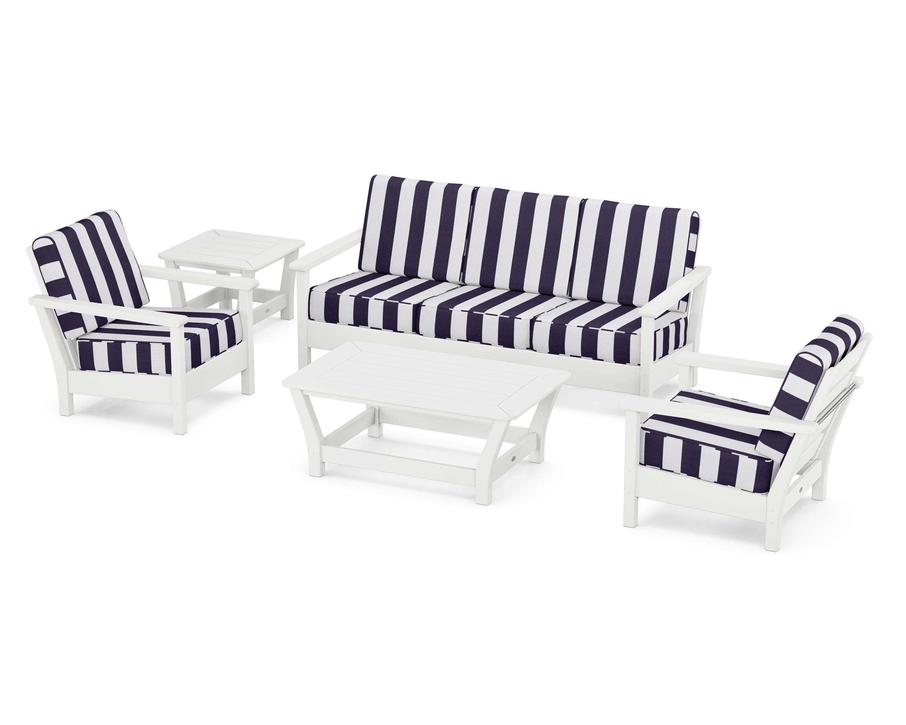 POLYWOOD® Harbour 5-Piece Deep Seating Set in White / Cabana Stripe Navy