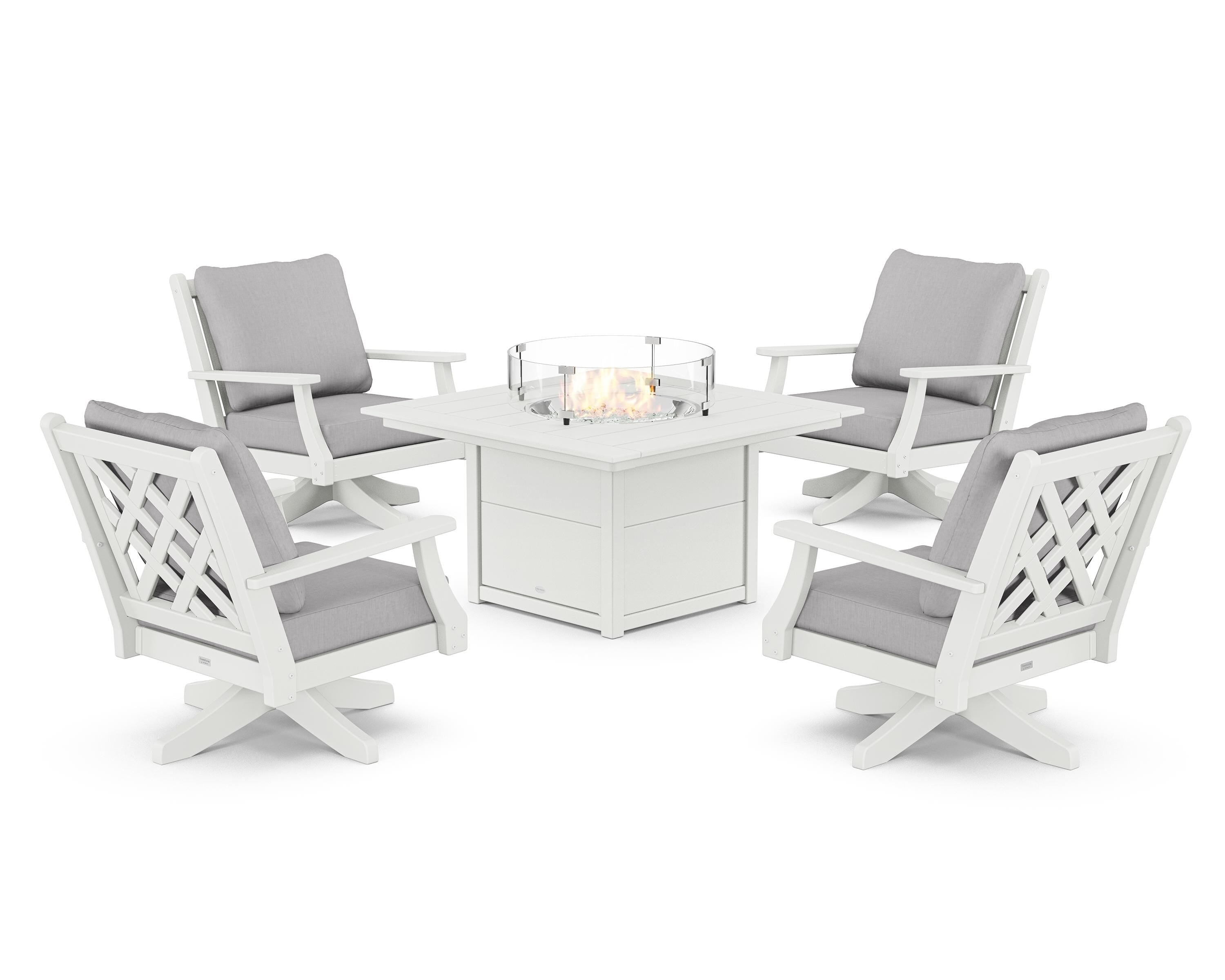 Country Living Wovendale 5-Piece Deep Seating Swivel Conversation Set with Fire Pit Table in White / Granite