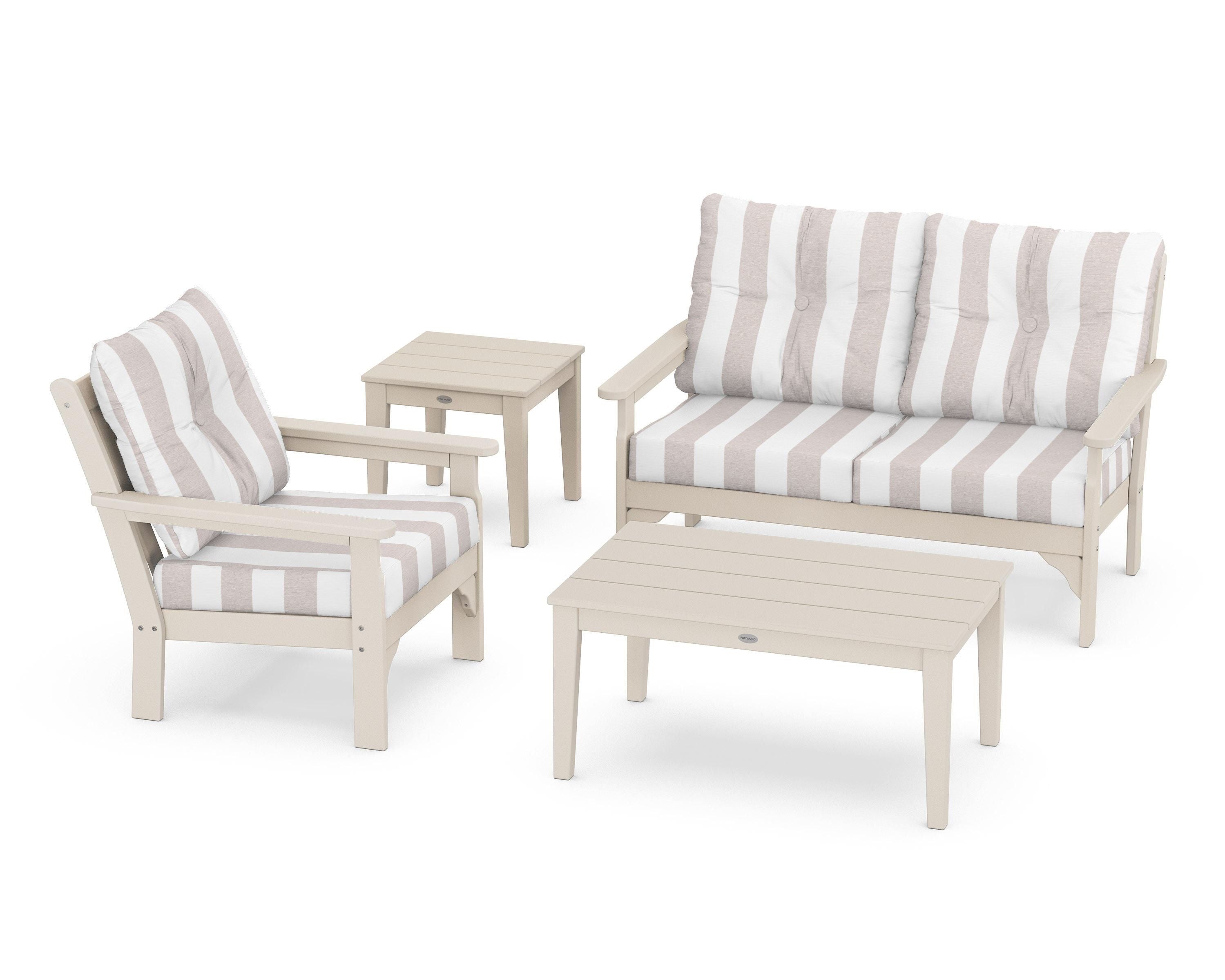 POLYWOOD® Vineyard 4-Piece Deep Seating Set in Sand / Cabana Stripe Dune Burlap