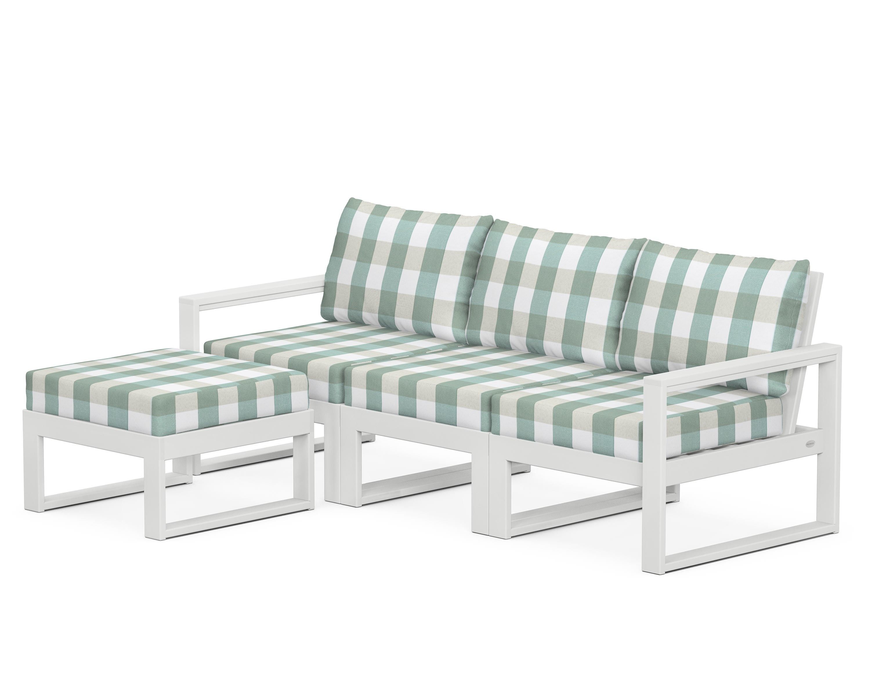 POLYWOOD® EDGE 4-Piece Modular Deep Seating Set with Ottoman in White / Buffalo Plaid Glacier Spa