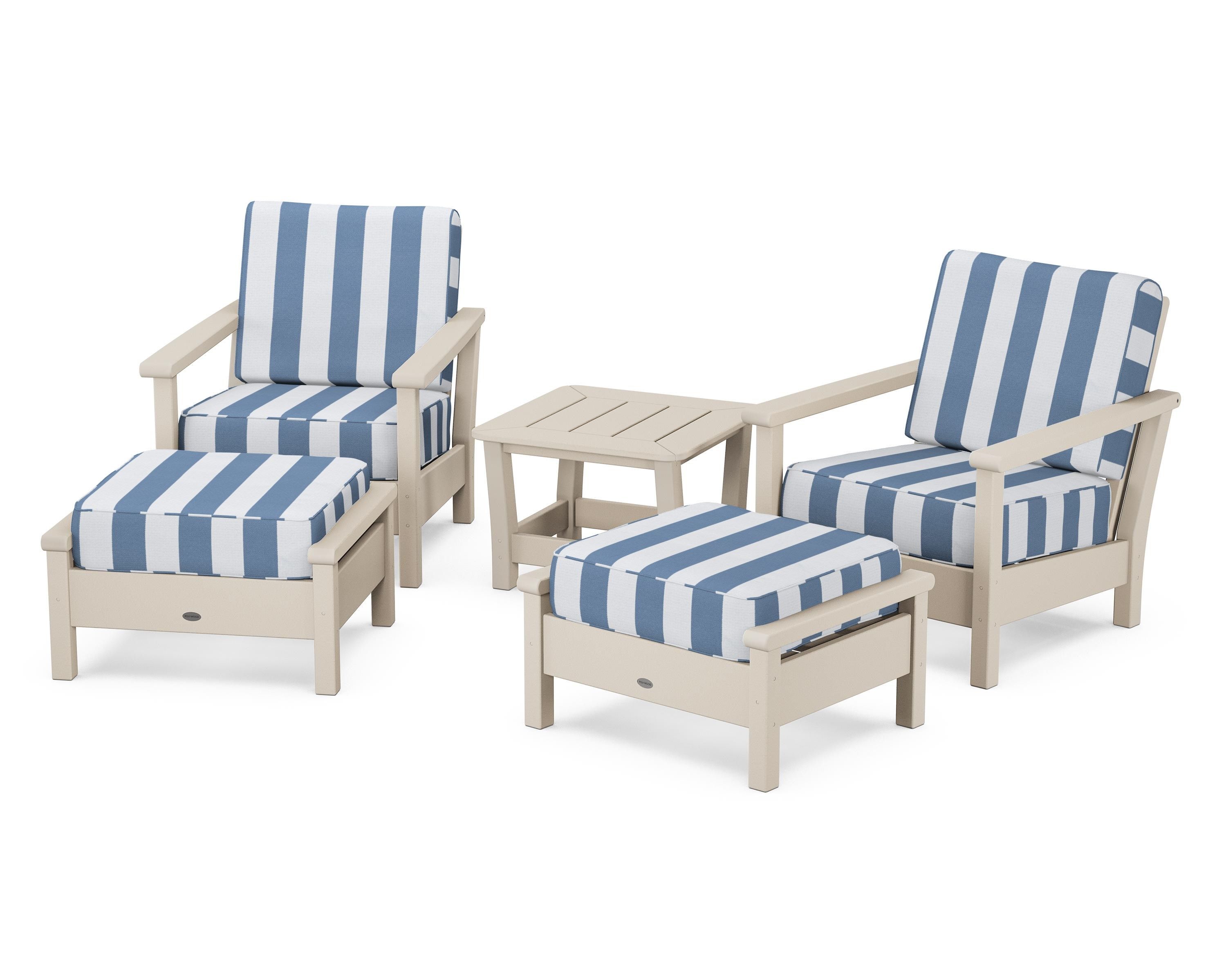 POLYWOOD® Harbour 5-Piece Deep Seating Chair Set in Sand / Cabana Stripe Sky Blue