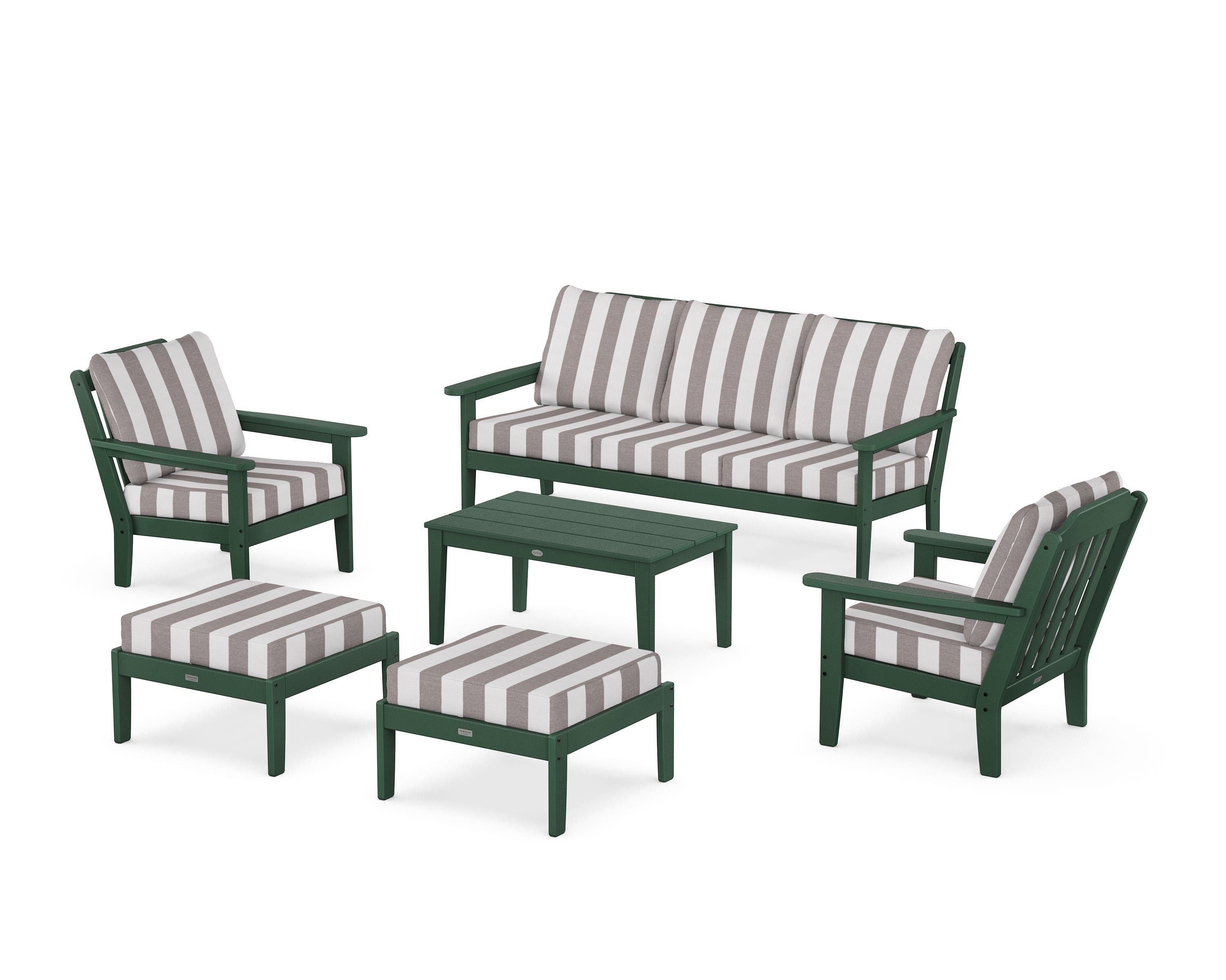 Country Living Cottage 6-Piece Lounge Sofa Set in Green / Cabana Stripe Grey Mist