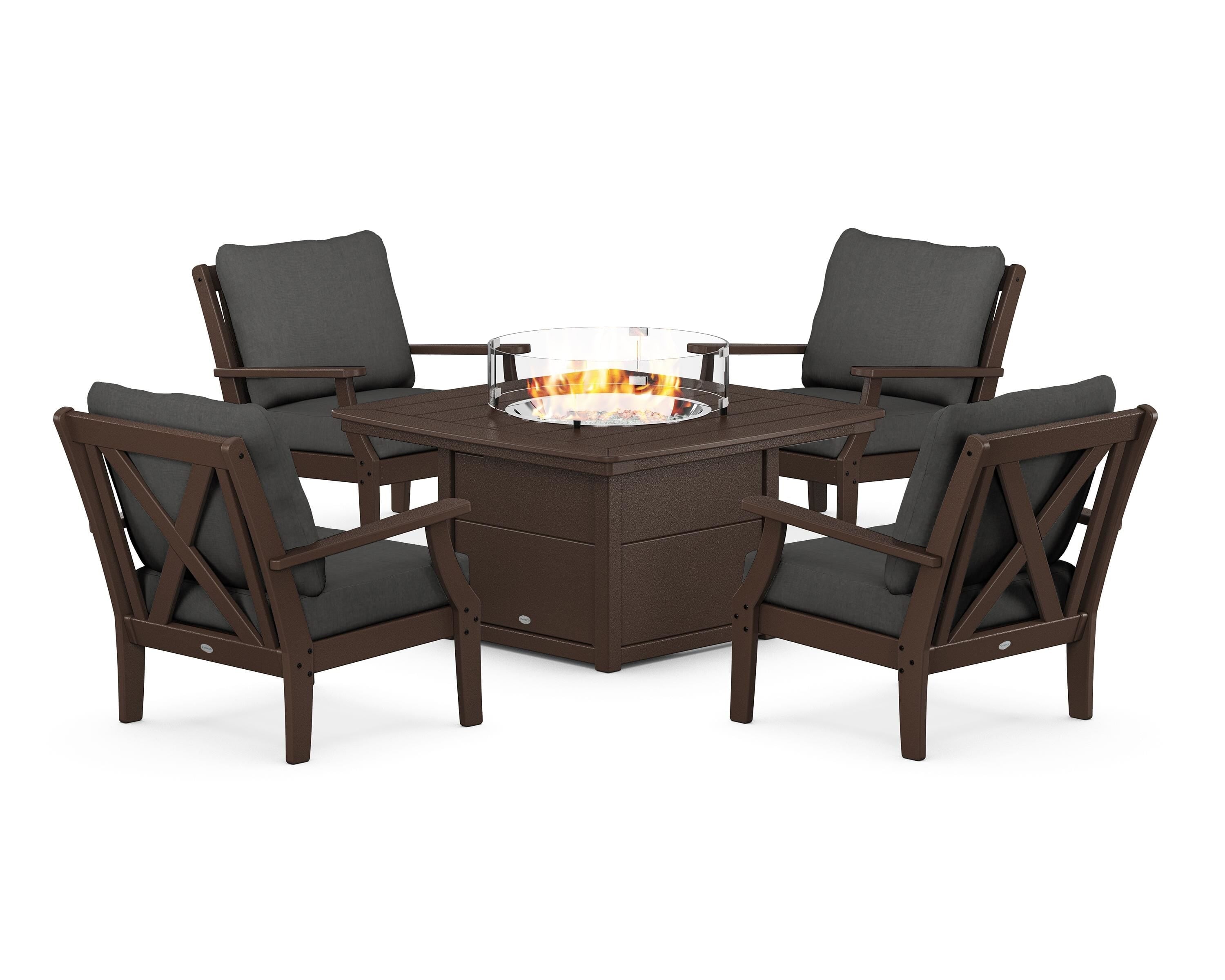 POLYWOOD® Braxton 5-Piece Deep Seating Conversation Set with Fire Pit Table in Mahogany / Spectrum Carbon