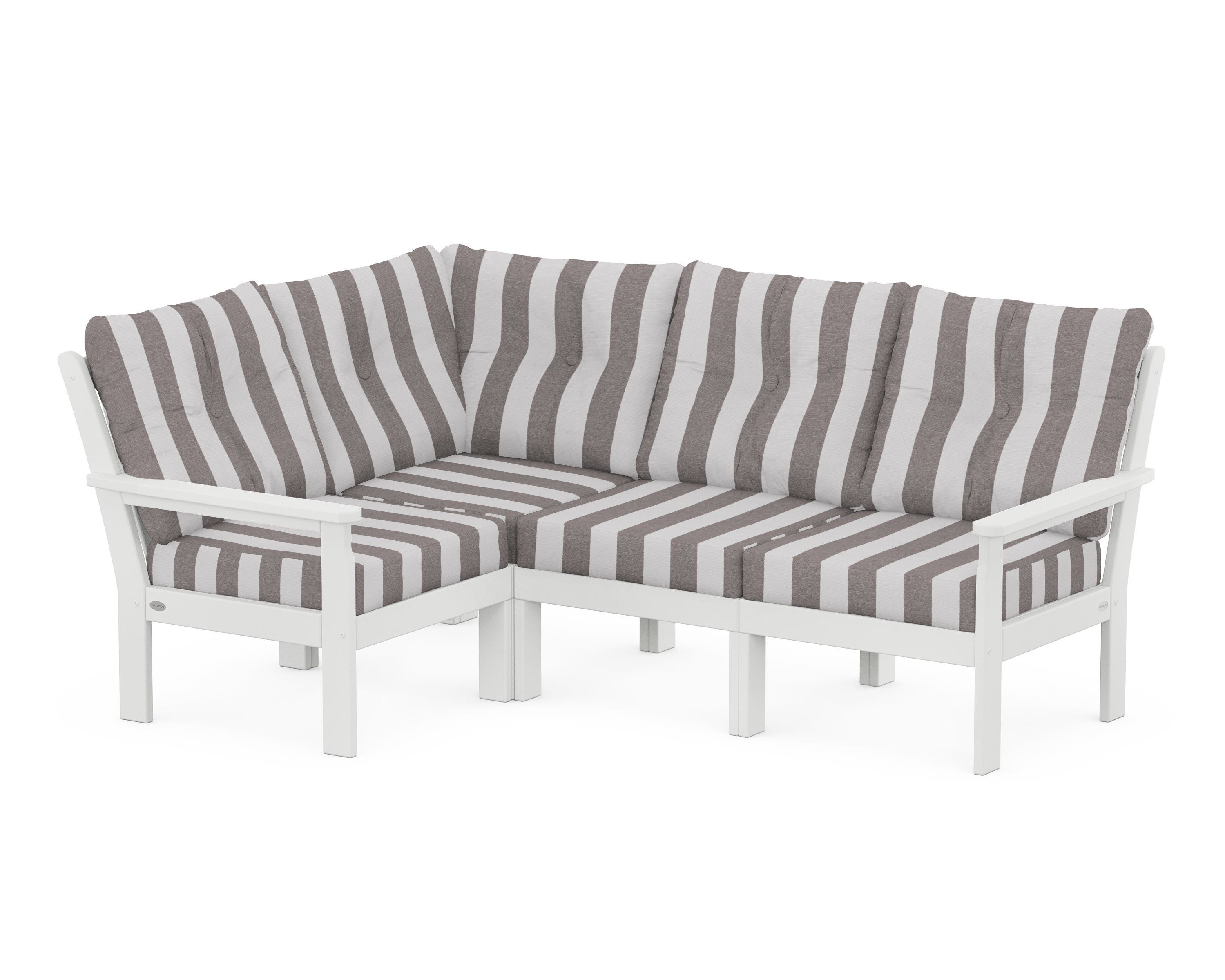 POLYWOOD® Vineyard 4-Piece Sectional in White / Cabana Stripe Grey Mist