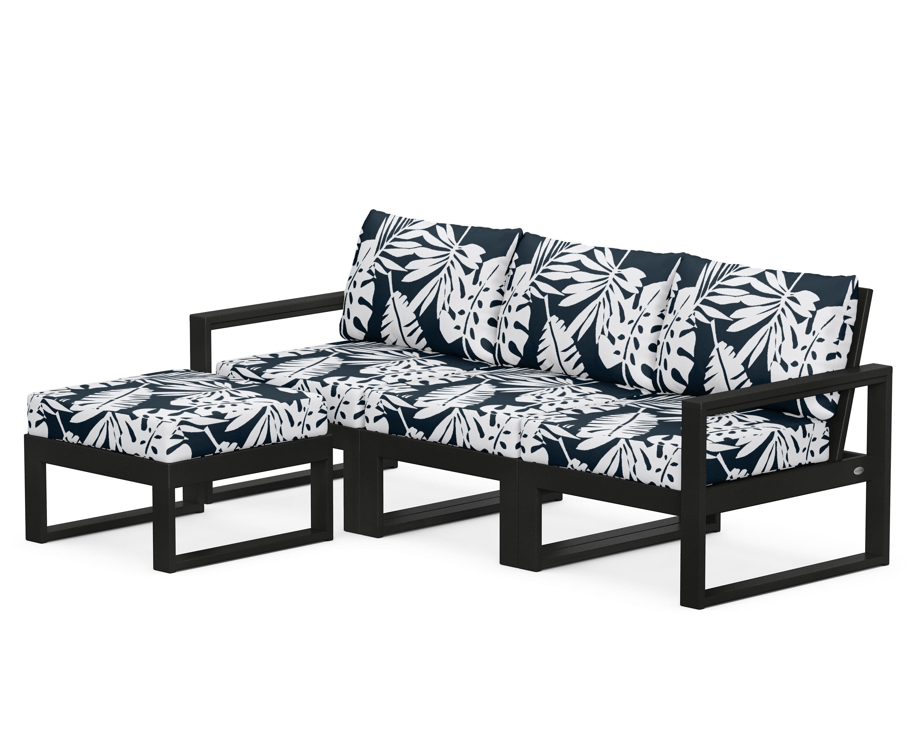 POLYWOOD® EDGE 4-Piece Modular Deep Seating Set with Ottoman in Black / Leaf Marine Indigo