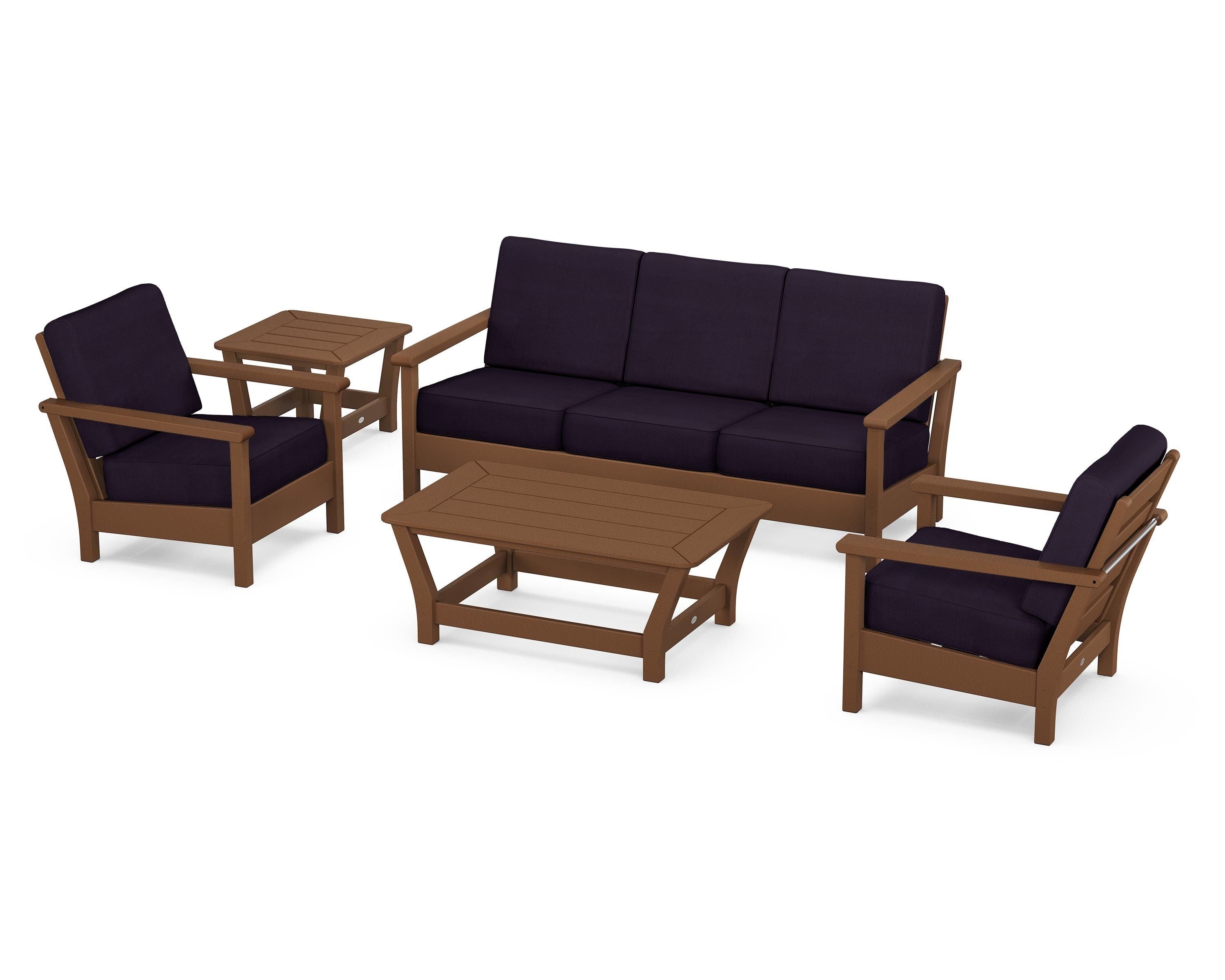 POLYWOOD® Harbour 5-Piece Deep Seating Set in Teak / Navy Linen