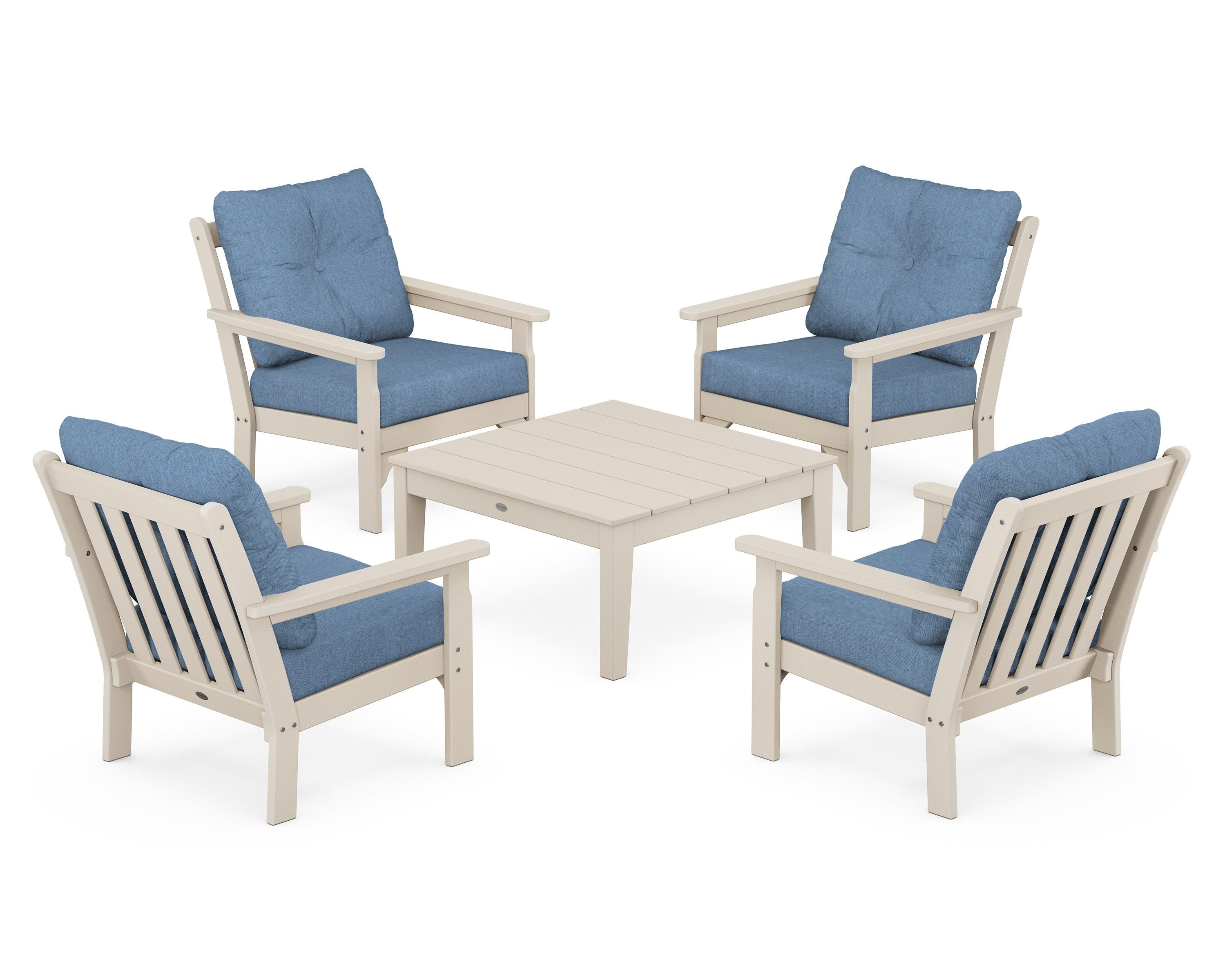 POLYWOOD® Vineyard 5-Piece Deep Seating Conversation Set in Sand / Sky Blue