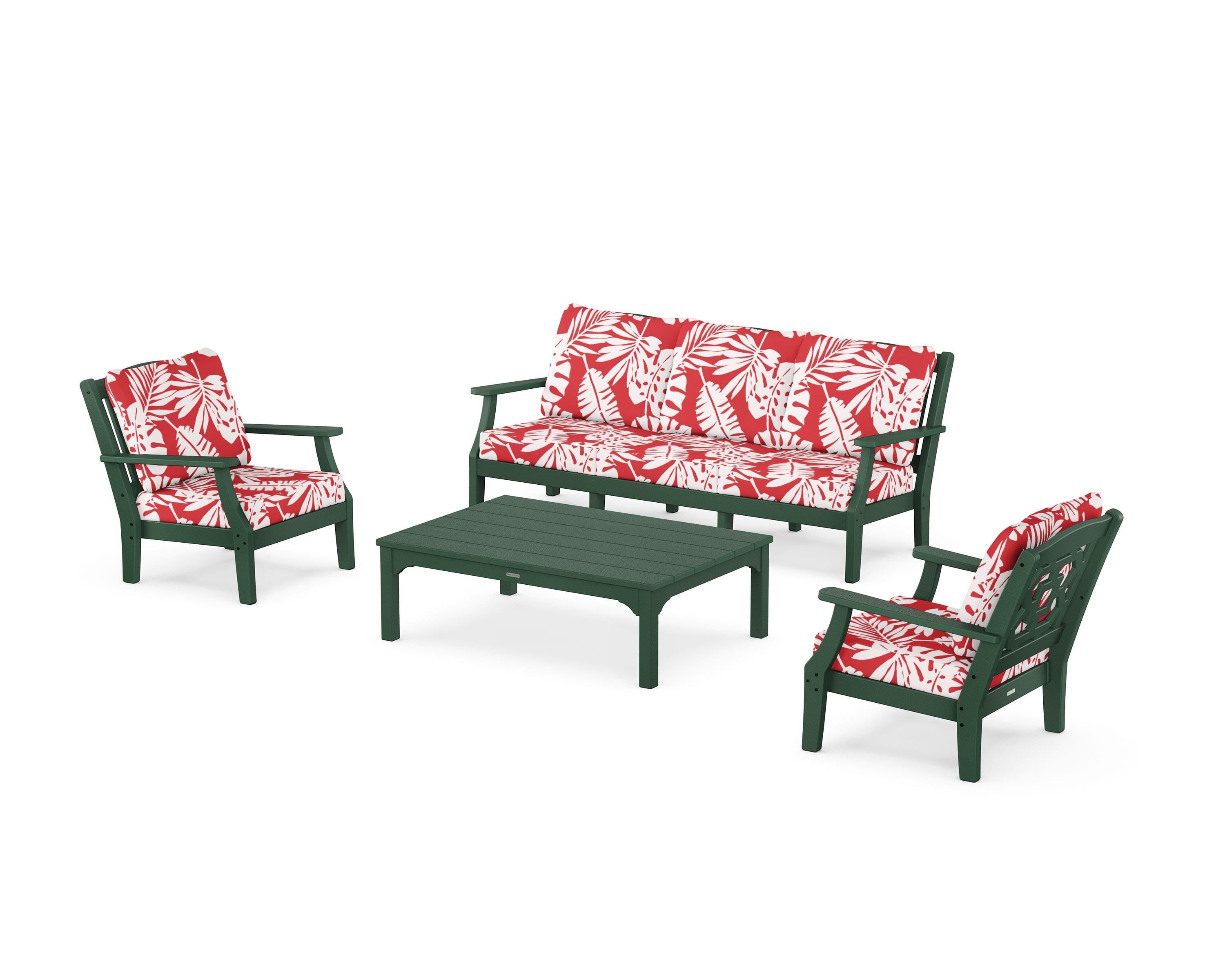 Martha Stewart by POLYWOOD® Chinoiserie 4-Piece Deep Seating Set with Sofa in Green / Leaf Crimson